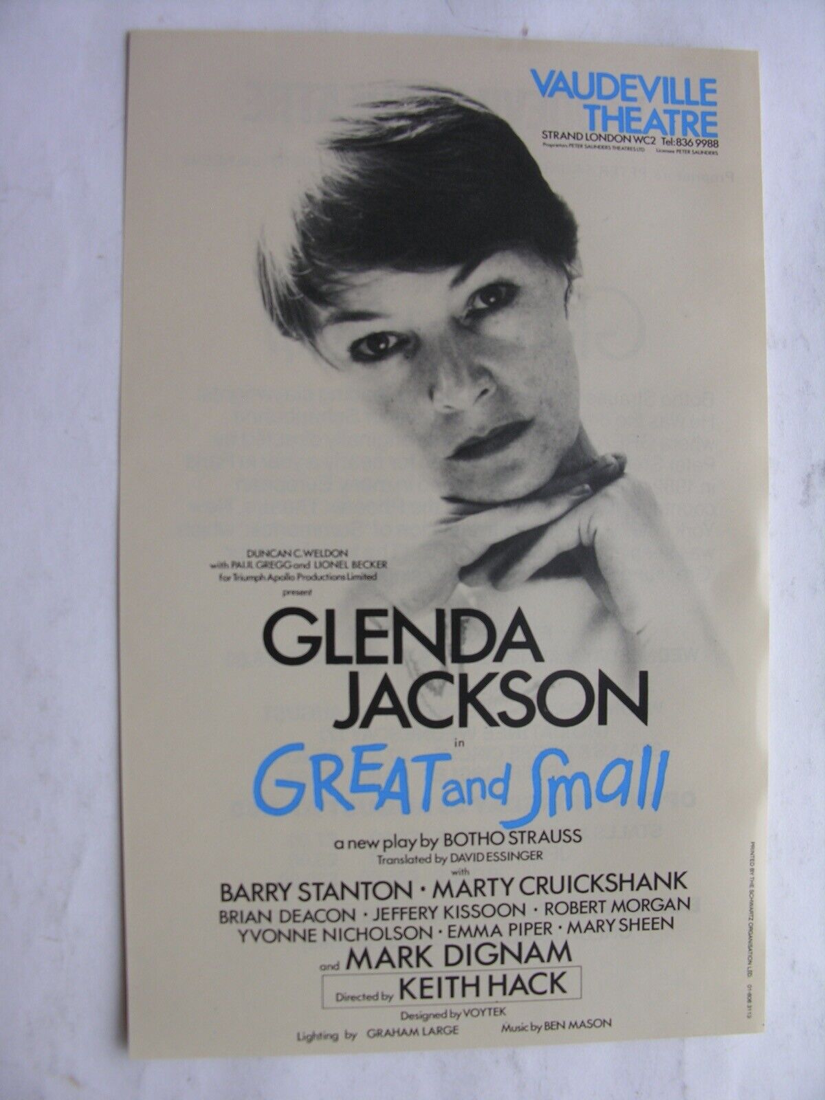 1983 GREAT AND SMALL Botho Strauss Glenda Jackson Mark Dignam Vaudeville Flyer