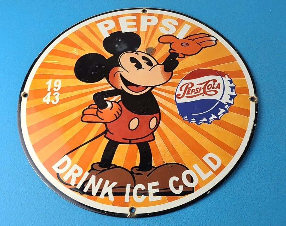 Vintage Pepsi Porcelain Sign - Mickey Beverage Drink Cola Gas Service Sign