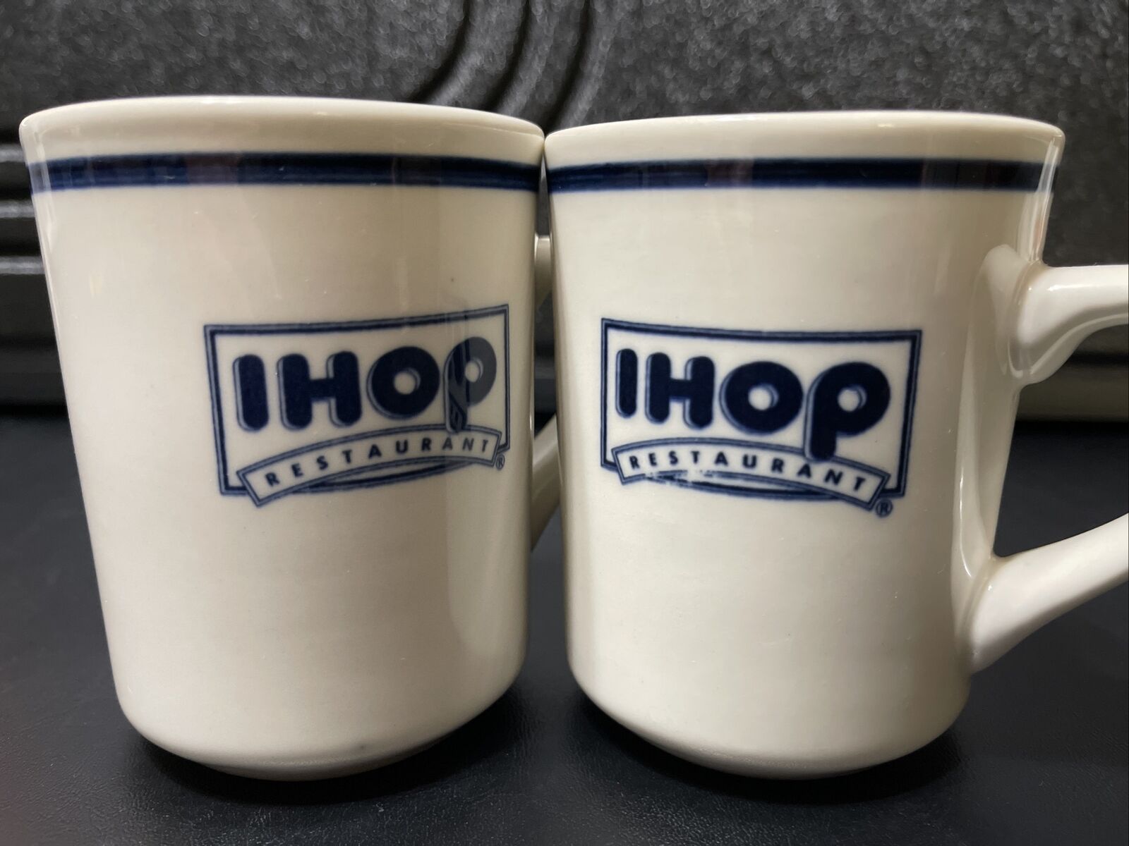 Vintage Set Of 2 IHOP Restaurant Logo Coffee Mugs By Delco 8 oz Blue White