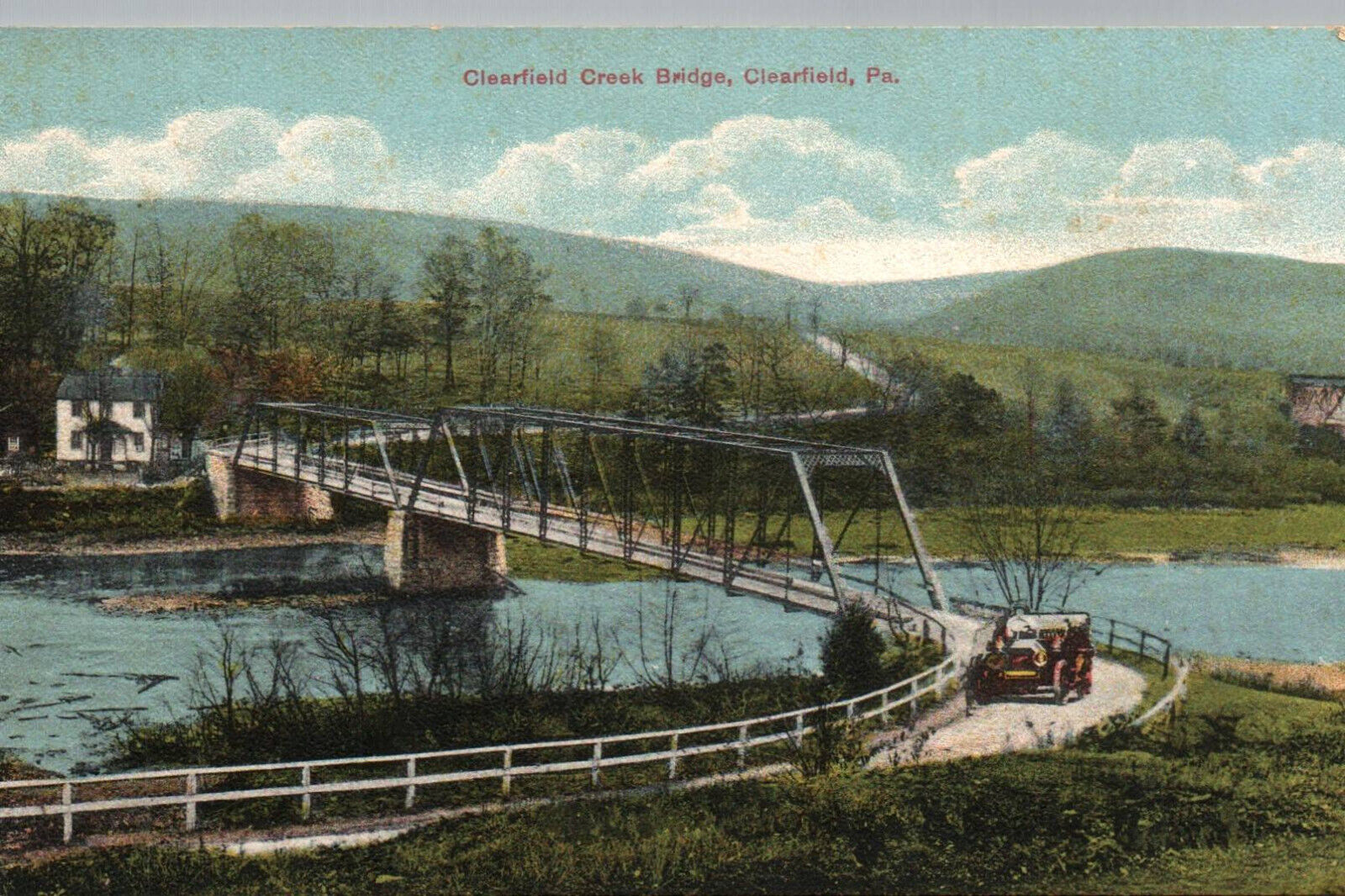 Clearfield PA Postcard Clearfield Creek Bridge Pennsylvania Old Car Road
