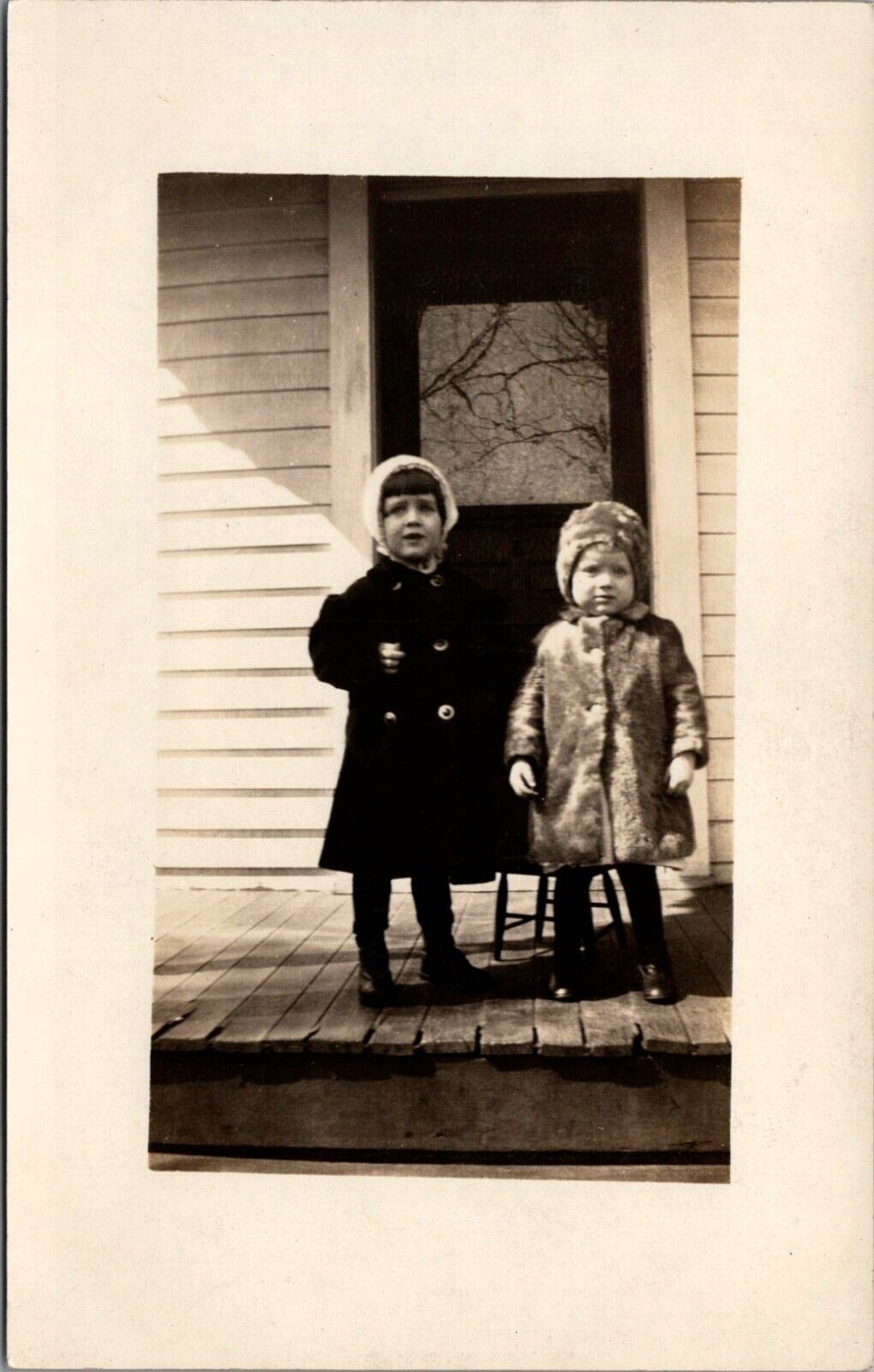 RPPC 2 Little Girls Winter Coats Hats Outdoor Home Porch 1907-1918 Postcard UNP