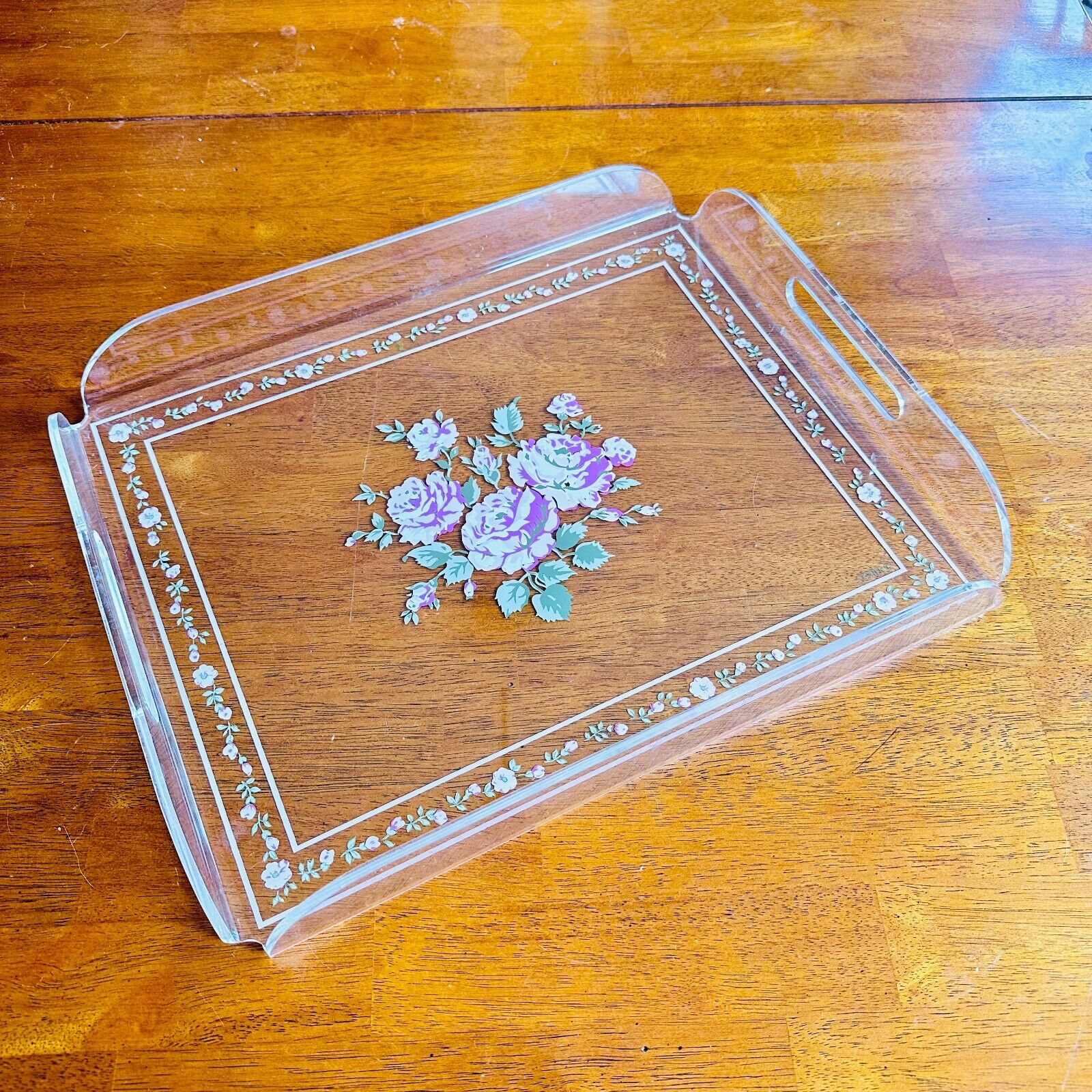 vtg lucite tray w handles floral mcm shabby chic