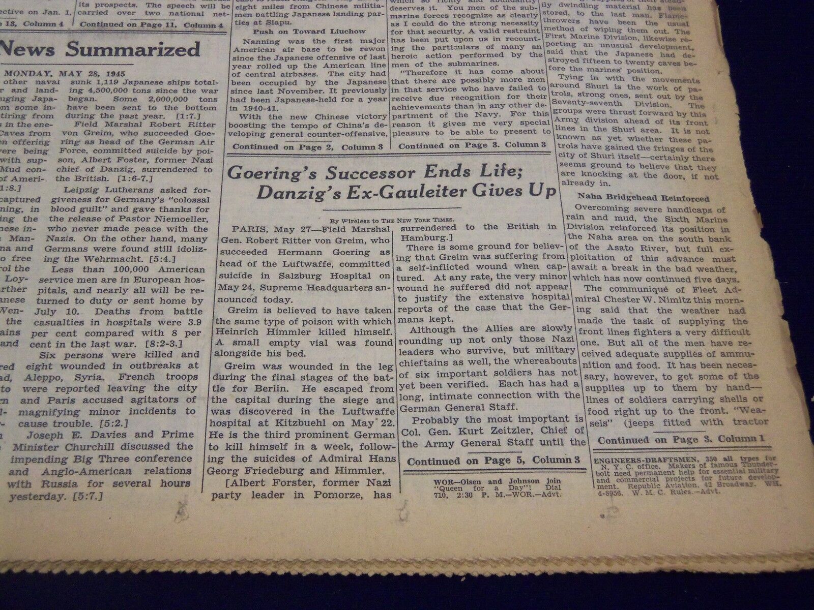 1945 MAY 28 NEW YORK TIMES - GOERING\'S SUCCESSOR ENDS LIFE - NT 655
