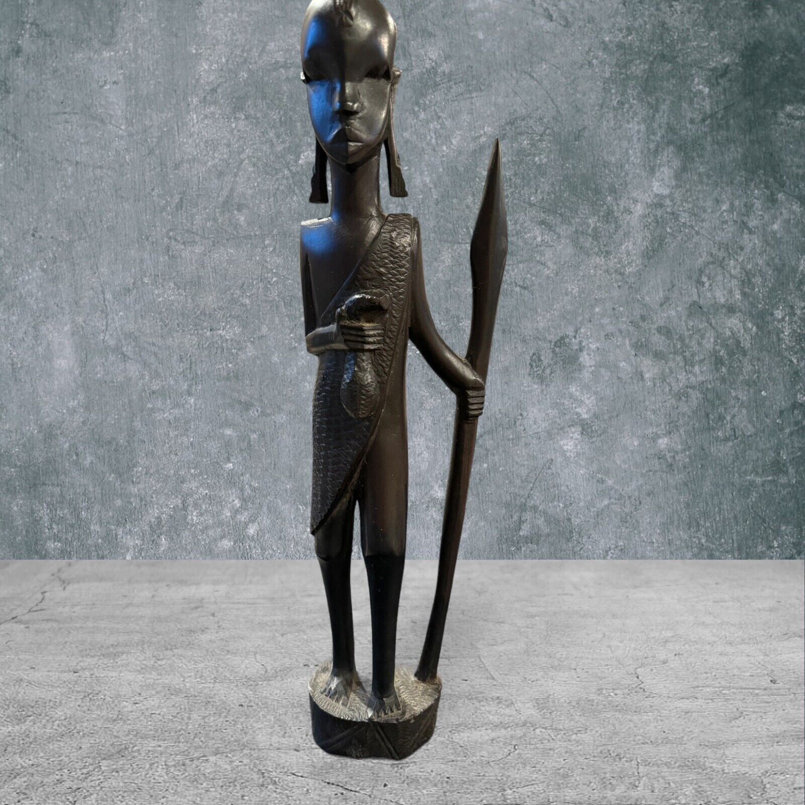 Vintage African Ironwood Ebony Hand Carved Warrior Statue. Made In Kenya 13.5”T