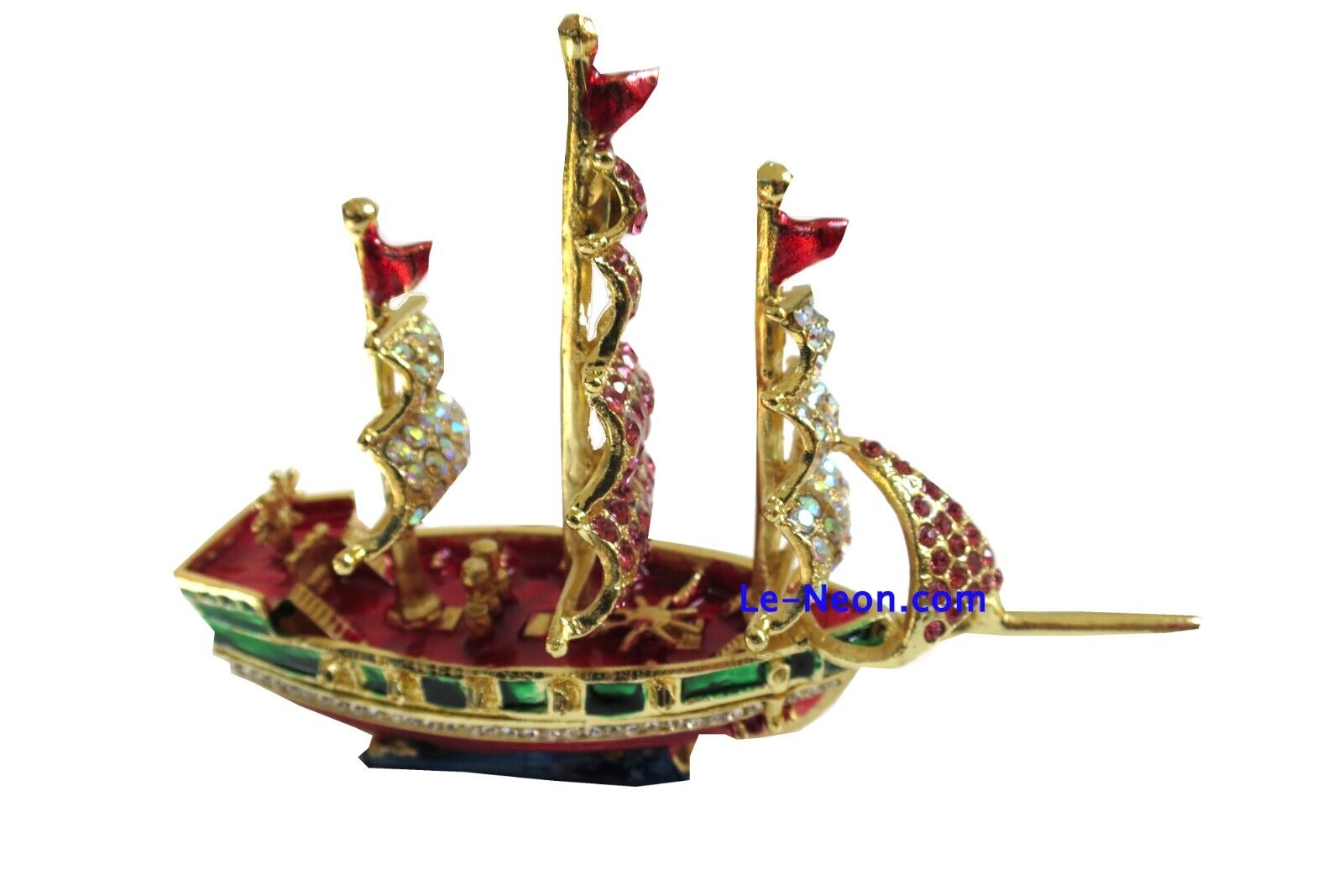 Bejeweled  Large Sail Boat Hinged Metal Enameled Rhinestone Trinket box