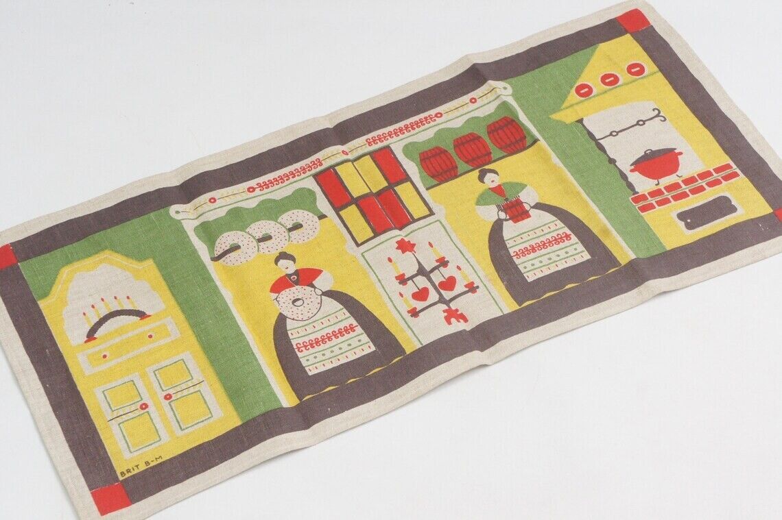 Vintage 50s Swedish Linen Tapestry ,Table Runner Signed Brit B