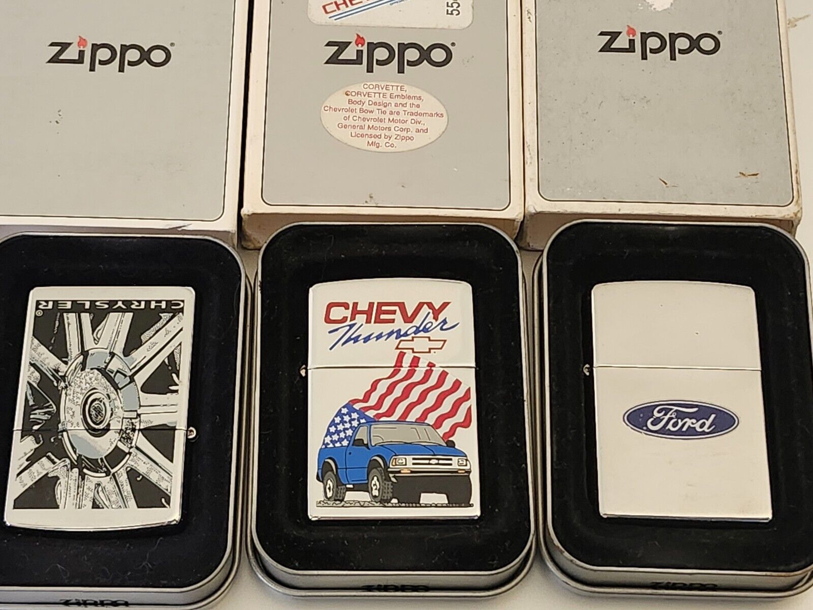 RARE Trifecta: 3 Zippo Lighter Sets w TINS & SLEEVES, Collectible Car Theme READ