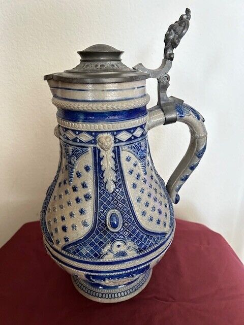 Antique German Salt Glazed Lidded Stoneware Beer Stein Pitcher Grey Cobalt Blue