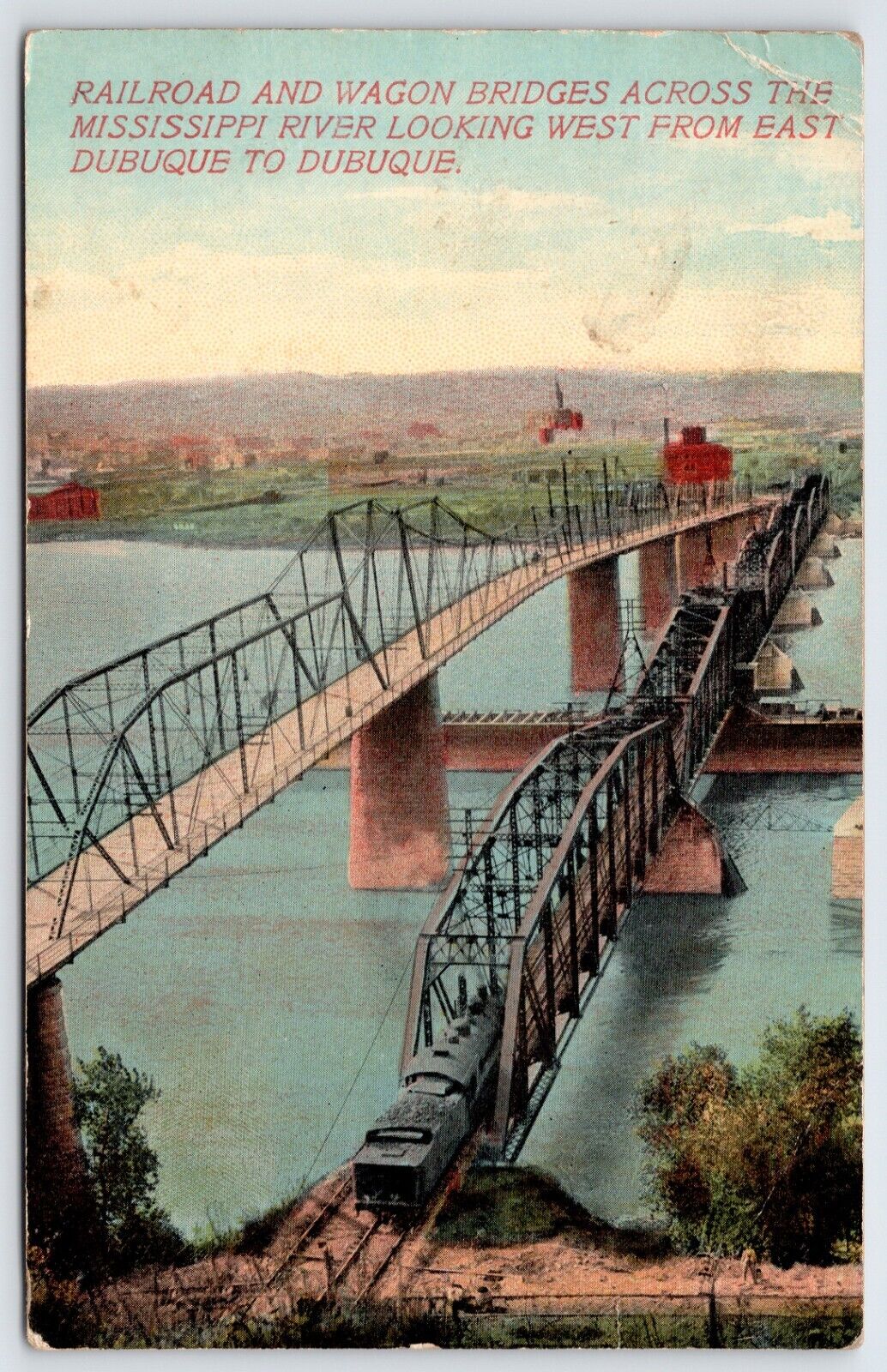 Postcard Railroad & Wagon Bridges Across The Mississippi River Dubuque IA Posted