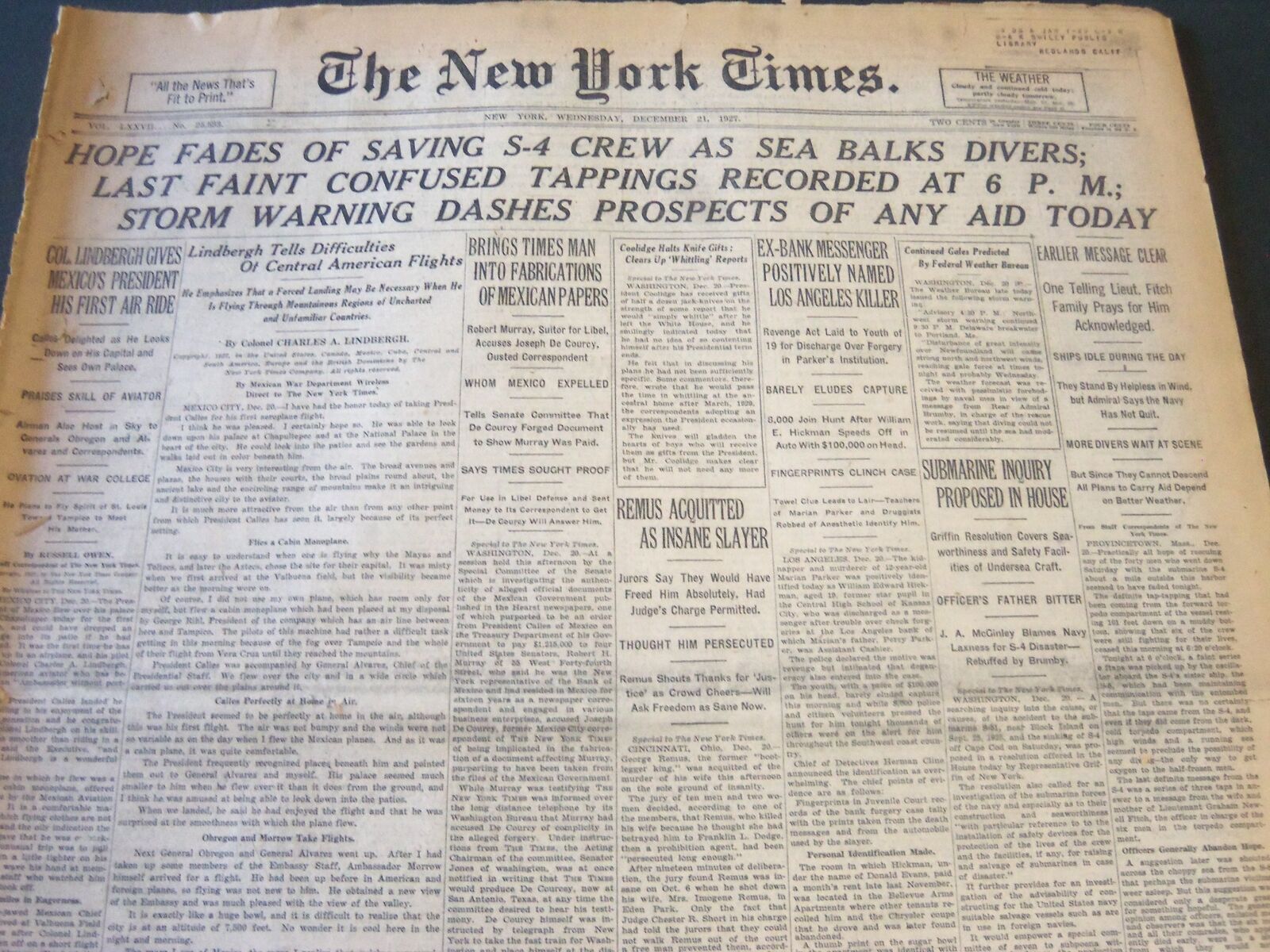 1927 DECEMBER 21 NEW YORK TIMES - HOPE FADES OF SAVING S-4 CREW - NT 6304