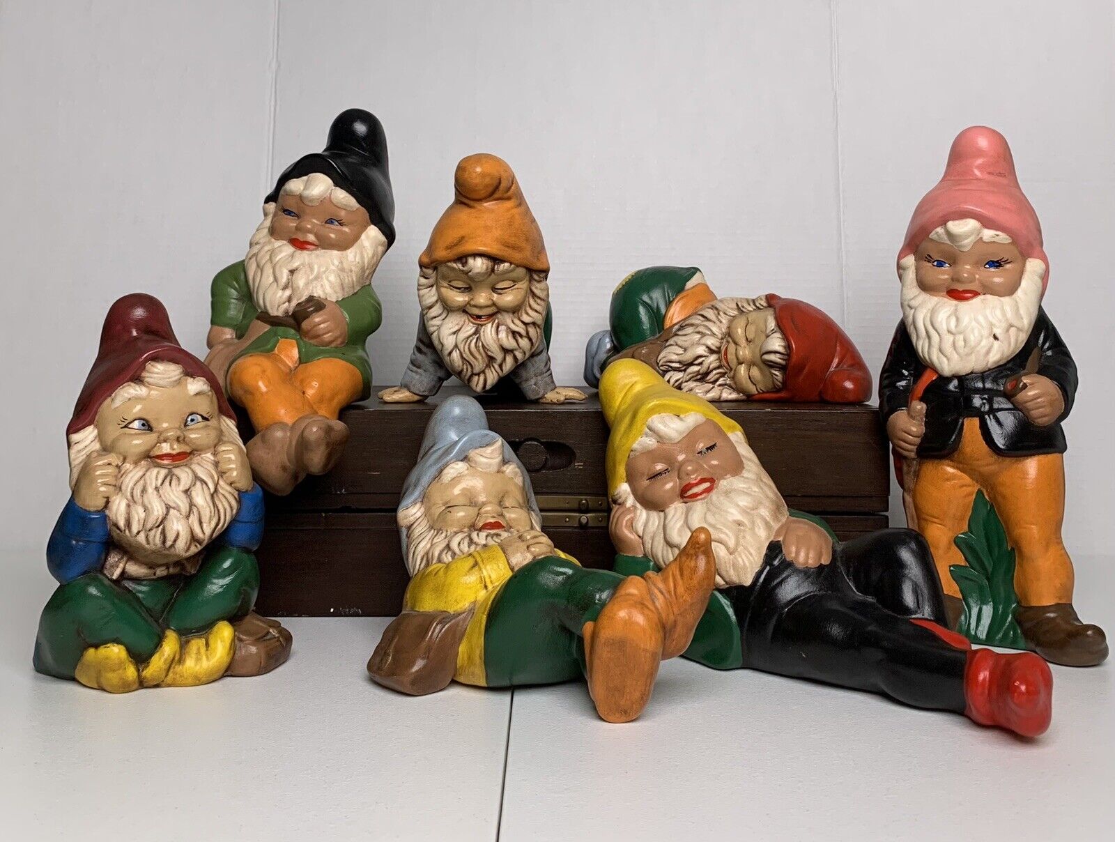 Vintage 1970s Hand Painted Garden Gnomes Elves Dwarves Shelf Sitter Friends