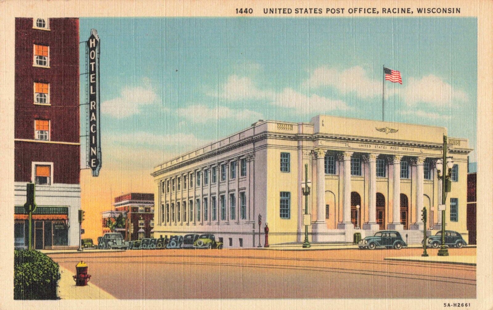 Racine WI Wisconsin, US Post Office, Hotel Racine Marquee, Vintage Postcard