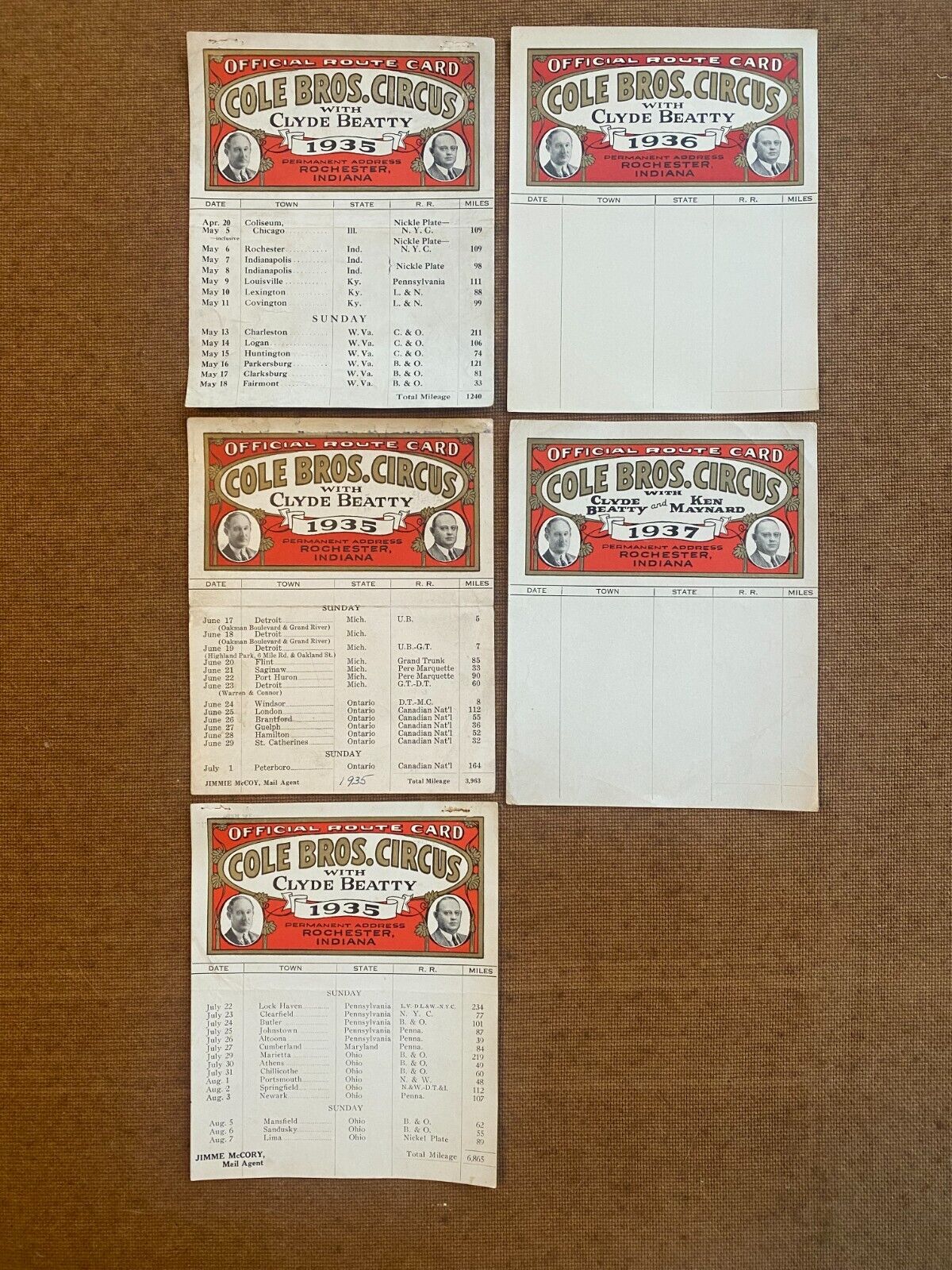 Lot of 5 Vintage Cole Bros Circus Clyde Beatty Old Route Cards 1935 1936 1937