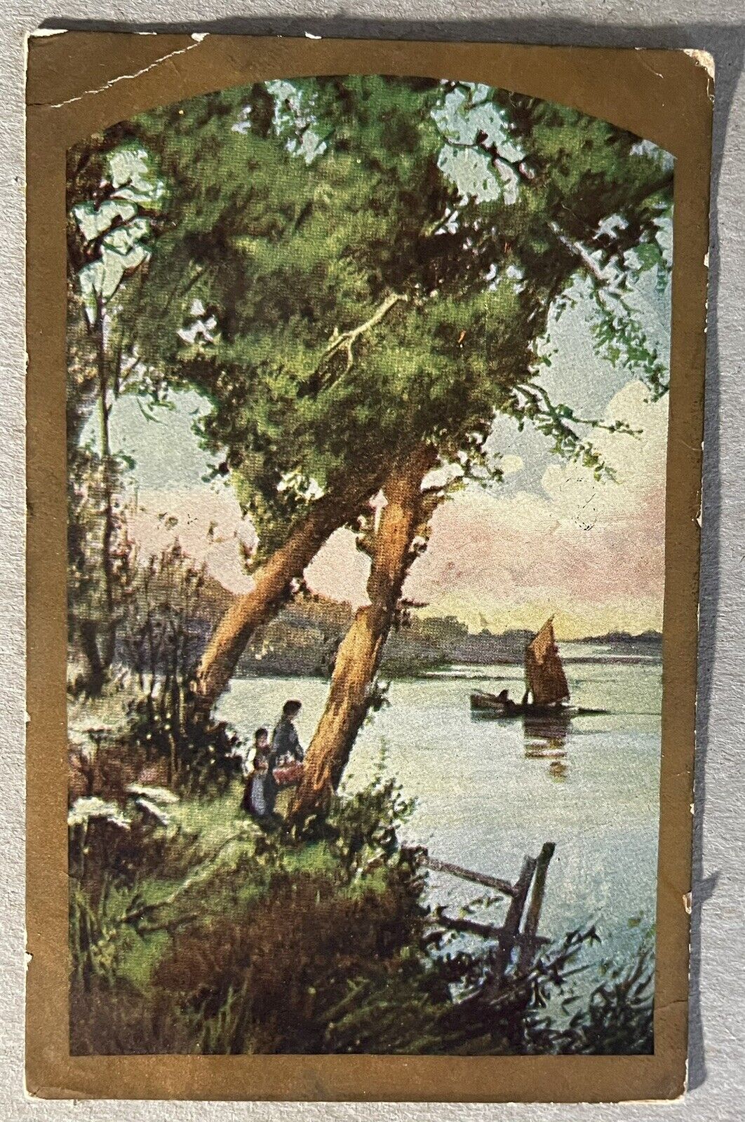Postcard Scenic Water Front Boat Gold Trimmed 1900s Posted