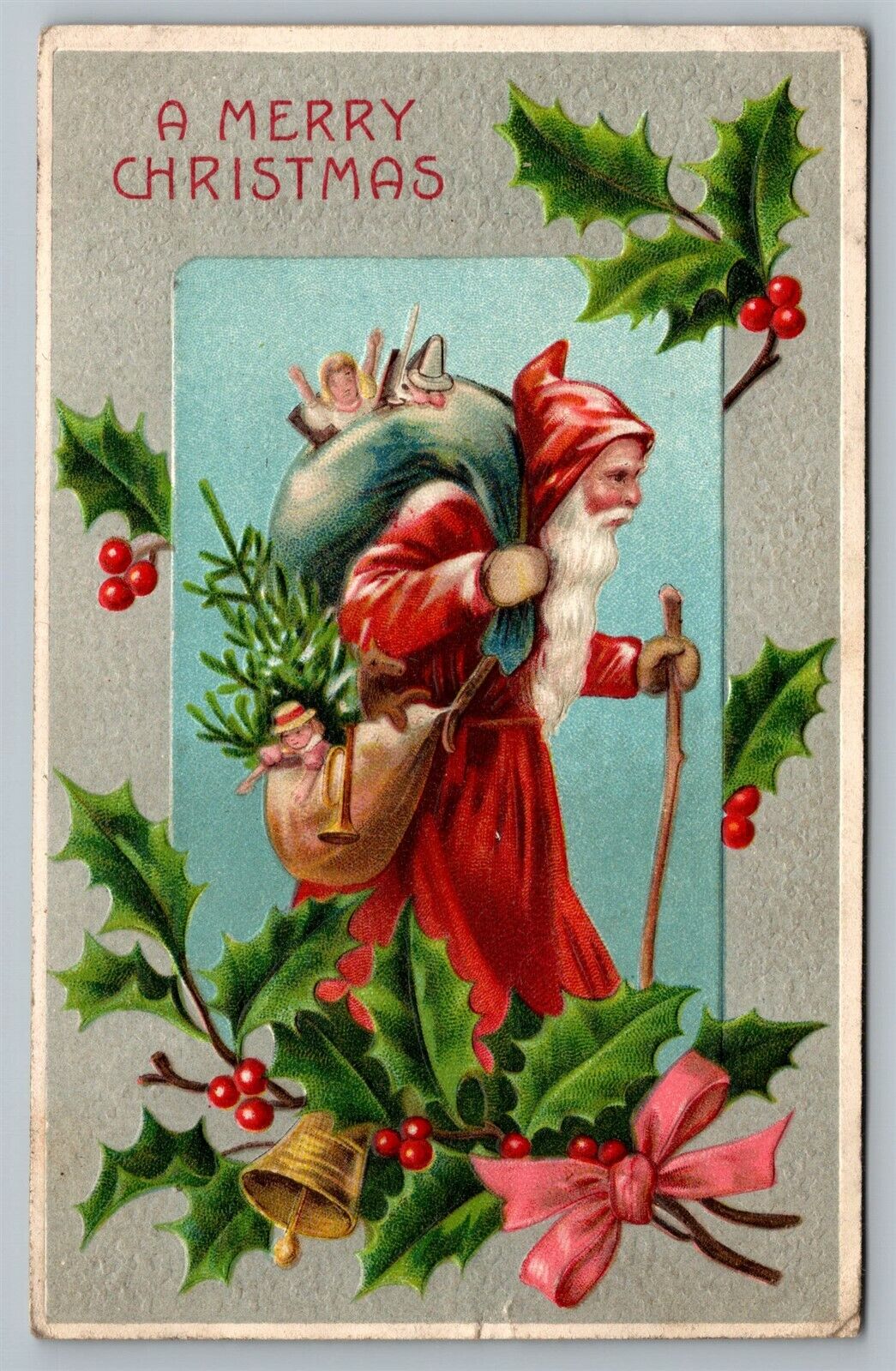 Merry Christmas Postcard Santa Claus Old World Robe Walking Stick Toy Bag c1908