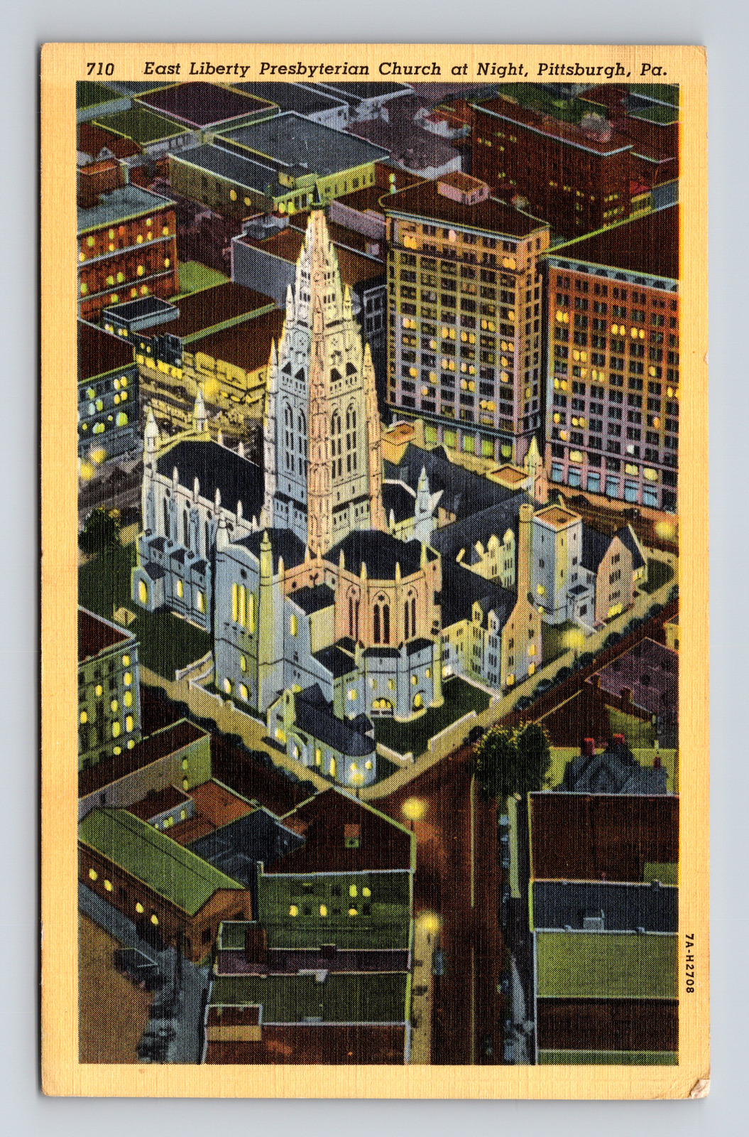 c1937 Postcard Pittsburg PA Aerial Night View East Liberty Presbyterian Church