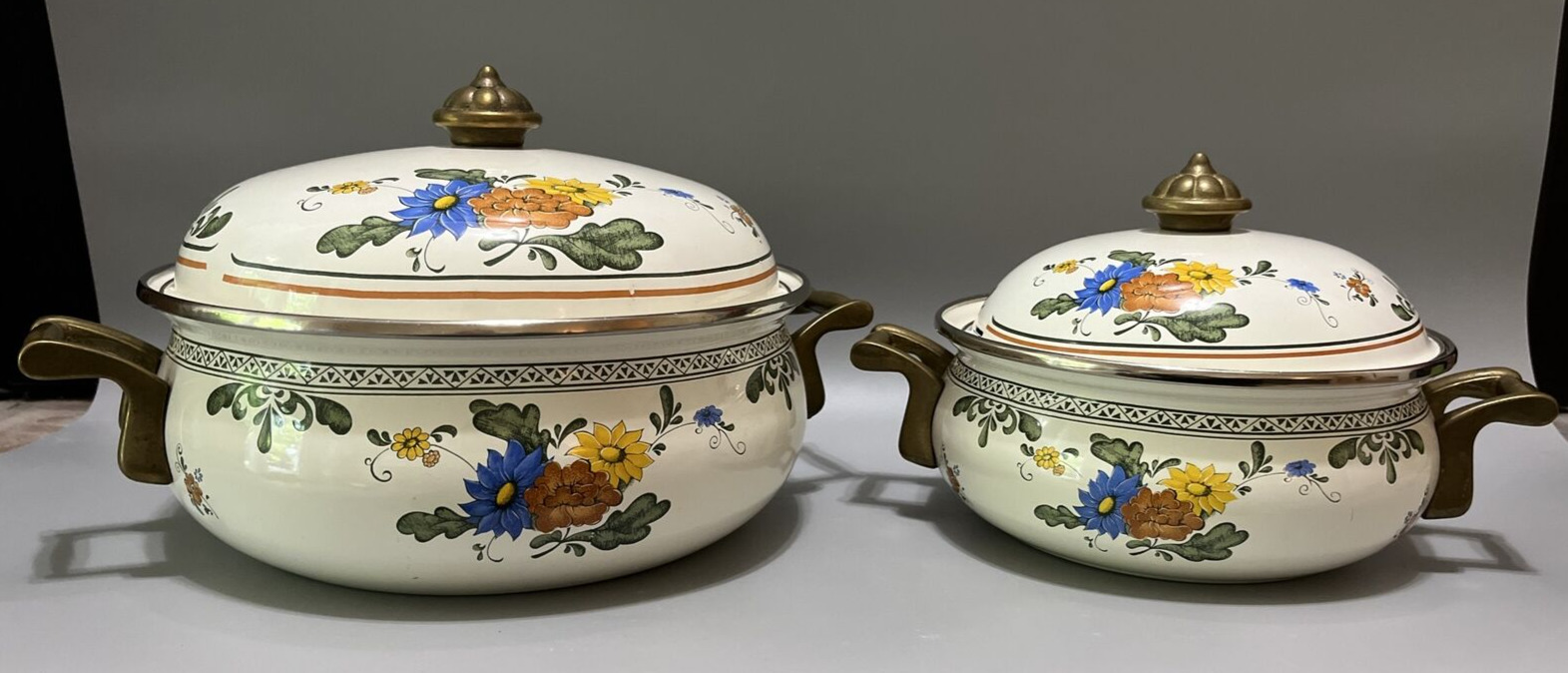Set of 2 Enamelware Brass Handled Floral Covered Dutch Ovens Pots with Lids