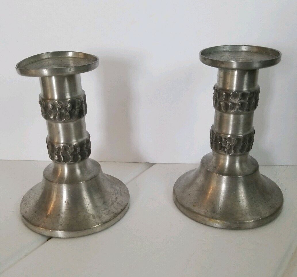 Oslo Metall Pewter Norway Candle Holders Pair 5 inch high Patina Bent