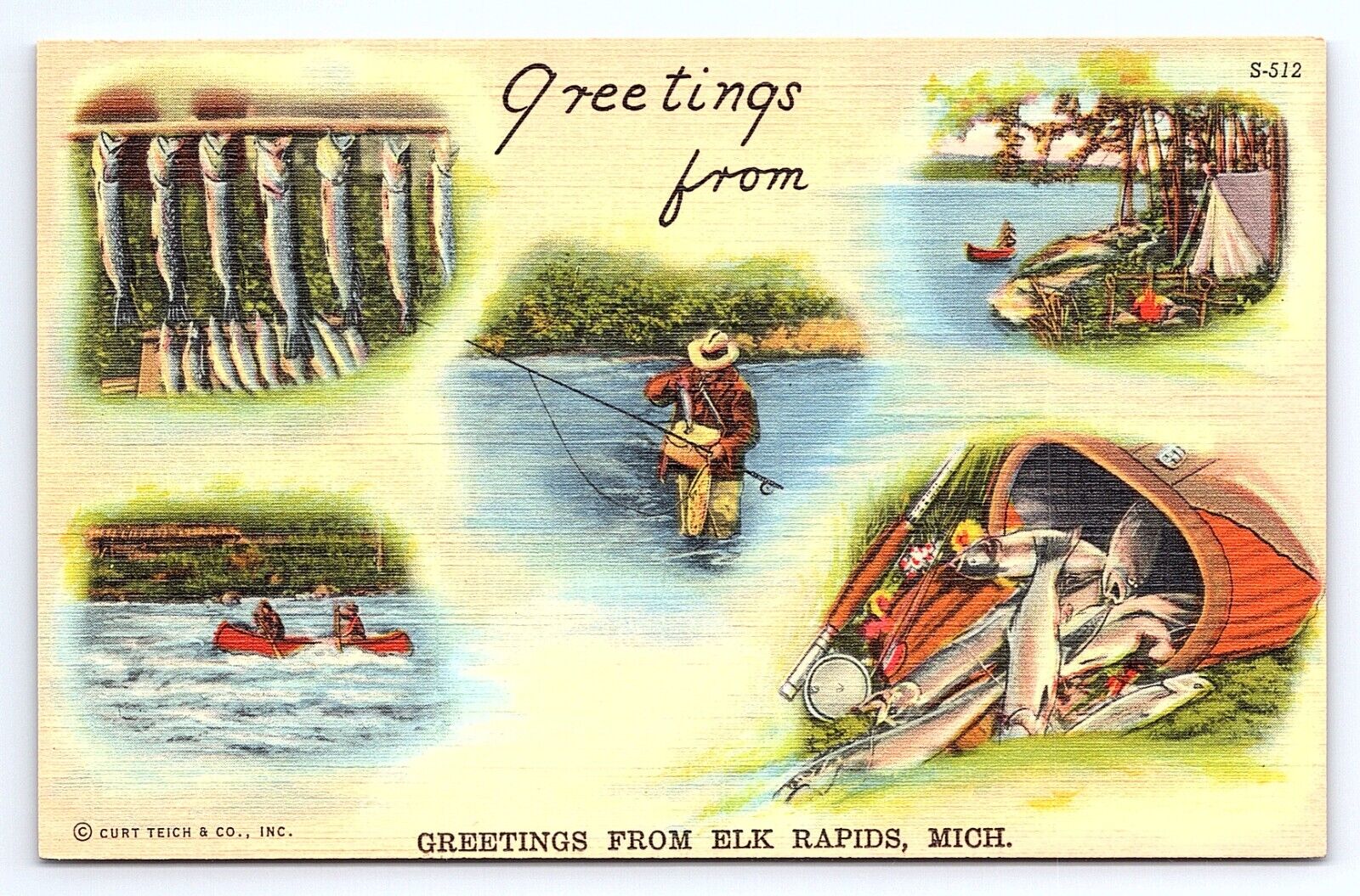 Postcard Greetings Elk Rapids Michigan MI Fly Fishing Trout Creel