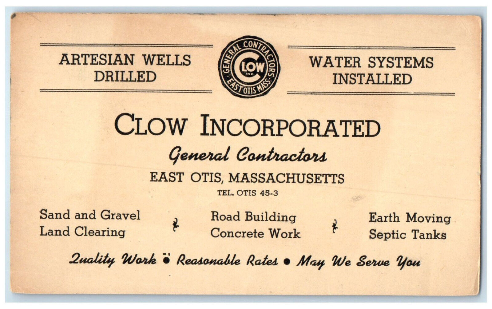 1947 Clow Incorporated East Otis Massachusetts MA Vintage Postal Card