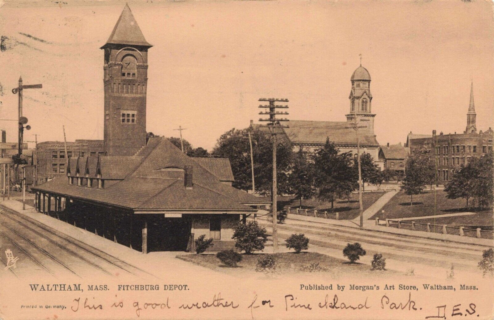Tuck Fitchburg Depot, Waltham, Mass. Vintage PC Posted 1906
