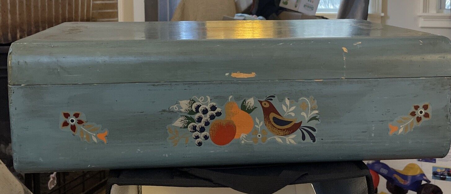Vintage Hand-painted Wooden Hinged storage Box 13”x21x7