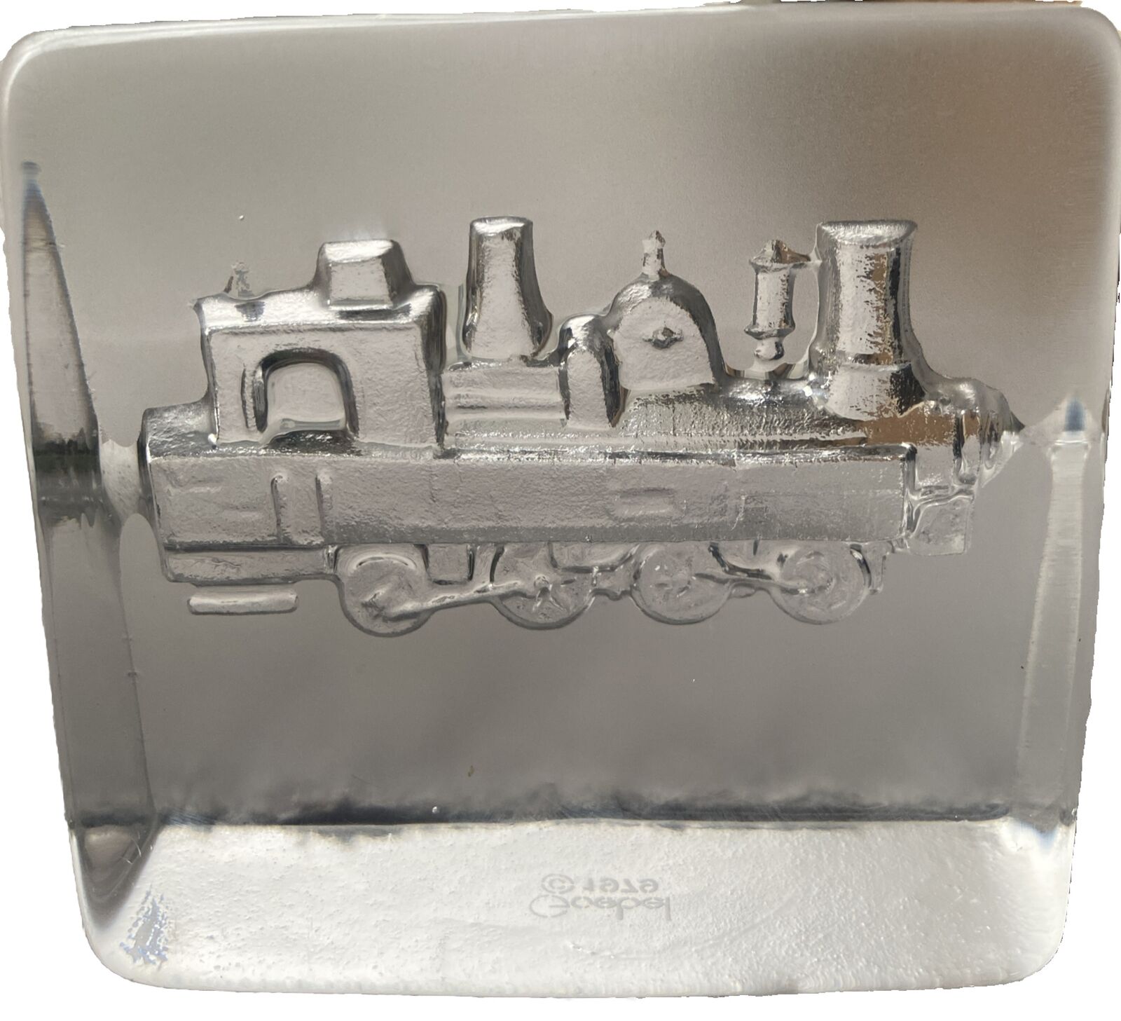 Goebel Train Locomotive Paperweight Clear Glass Block Carved Or Stamped In Back