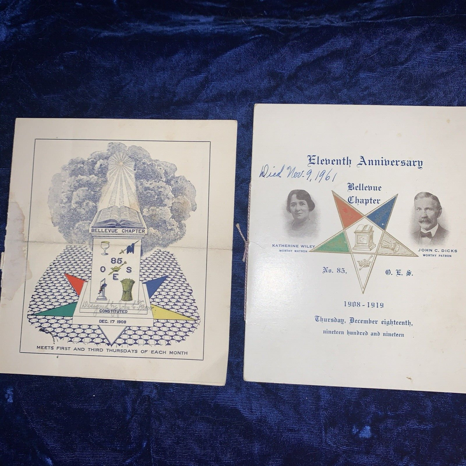 1909 & 1919 Order Of Eastern Star Bellevue Pa. Chapter 85 Anniversary Programs