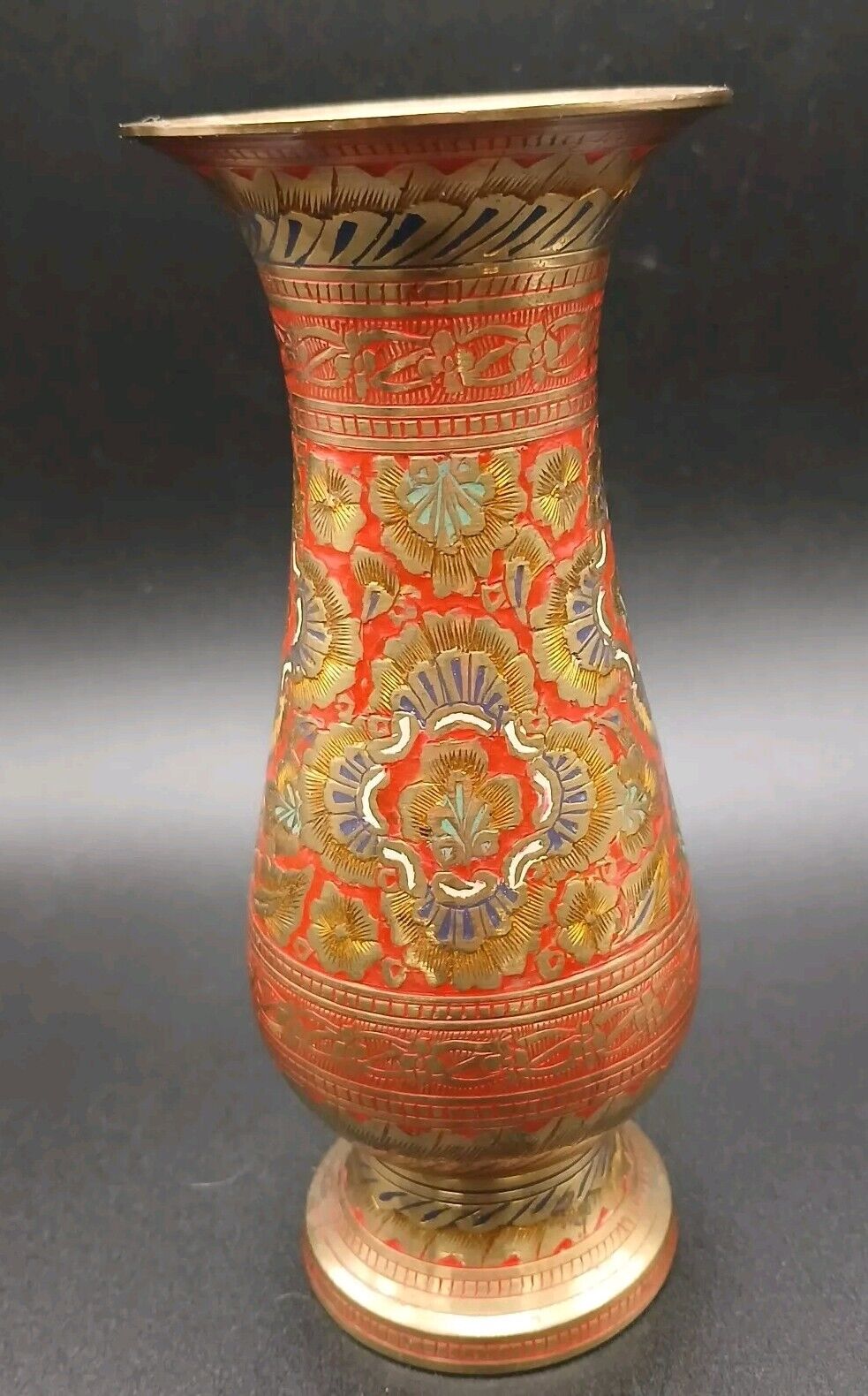 Vintage Etched Brass Vase 6” Enamel Inlay - Red