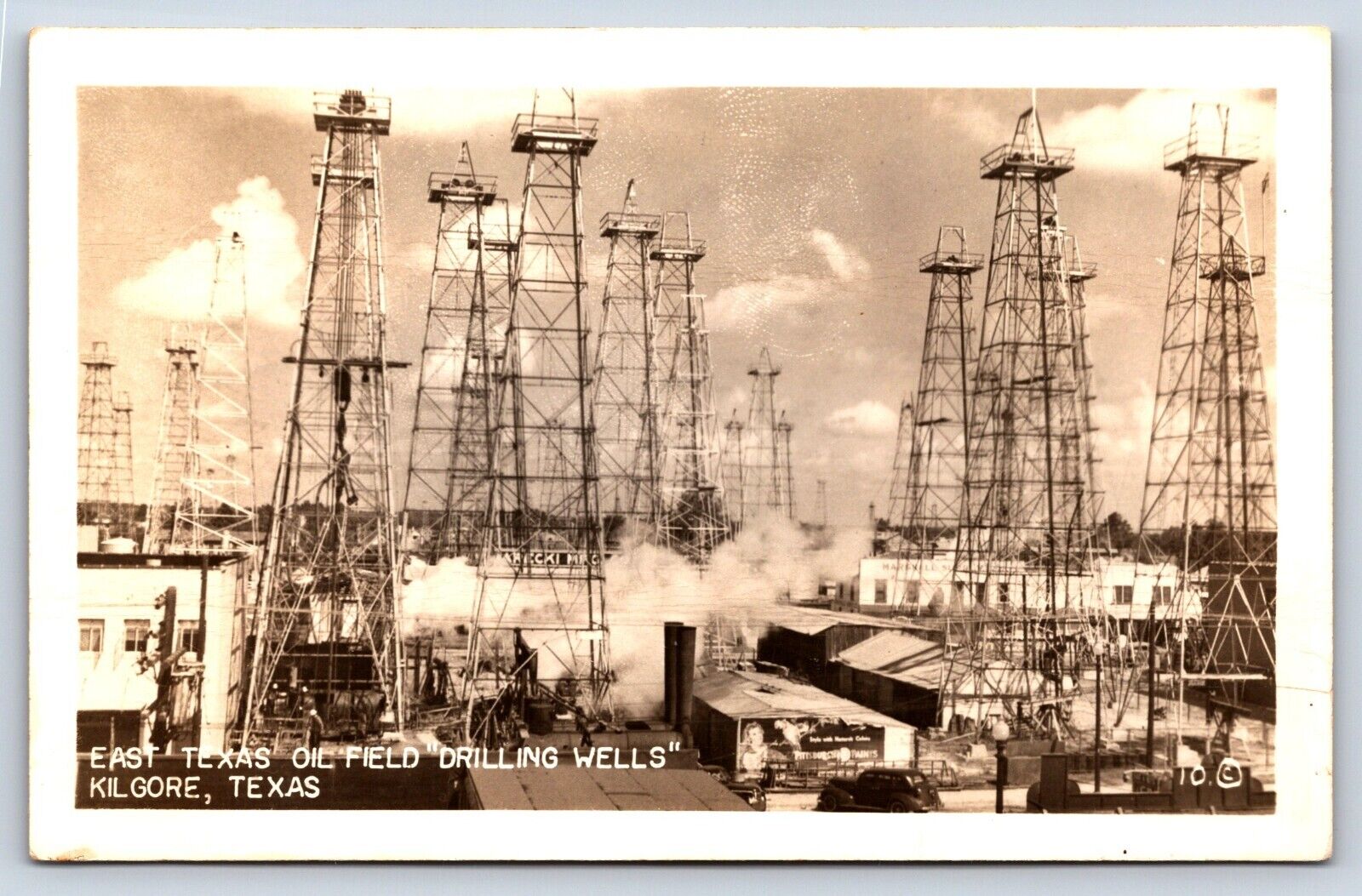 Postcard TX RPPC Kilgore East Texas Oil Field Drilling Wells Pittsburgh Paint A5