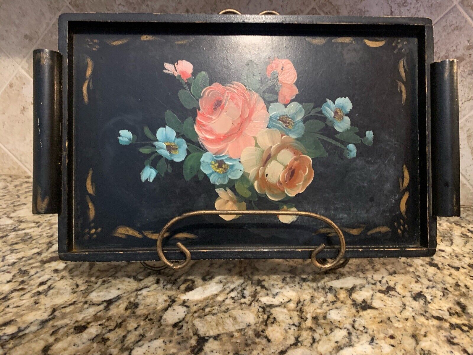 Vintage Hand painted Wood Tole Tray Black Flower Floral 14.5 X 9.5 X 3/4