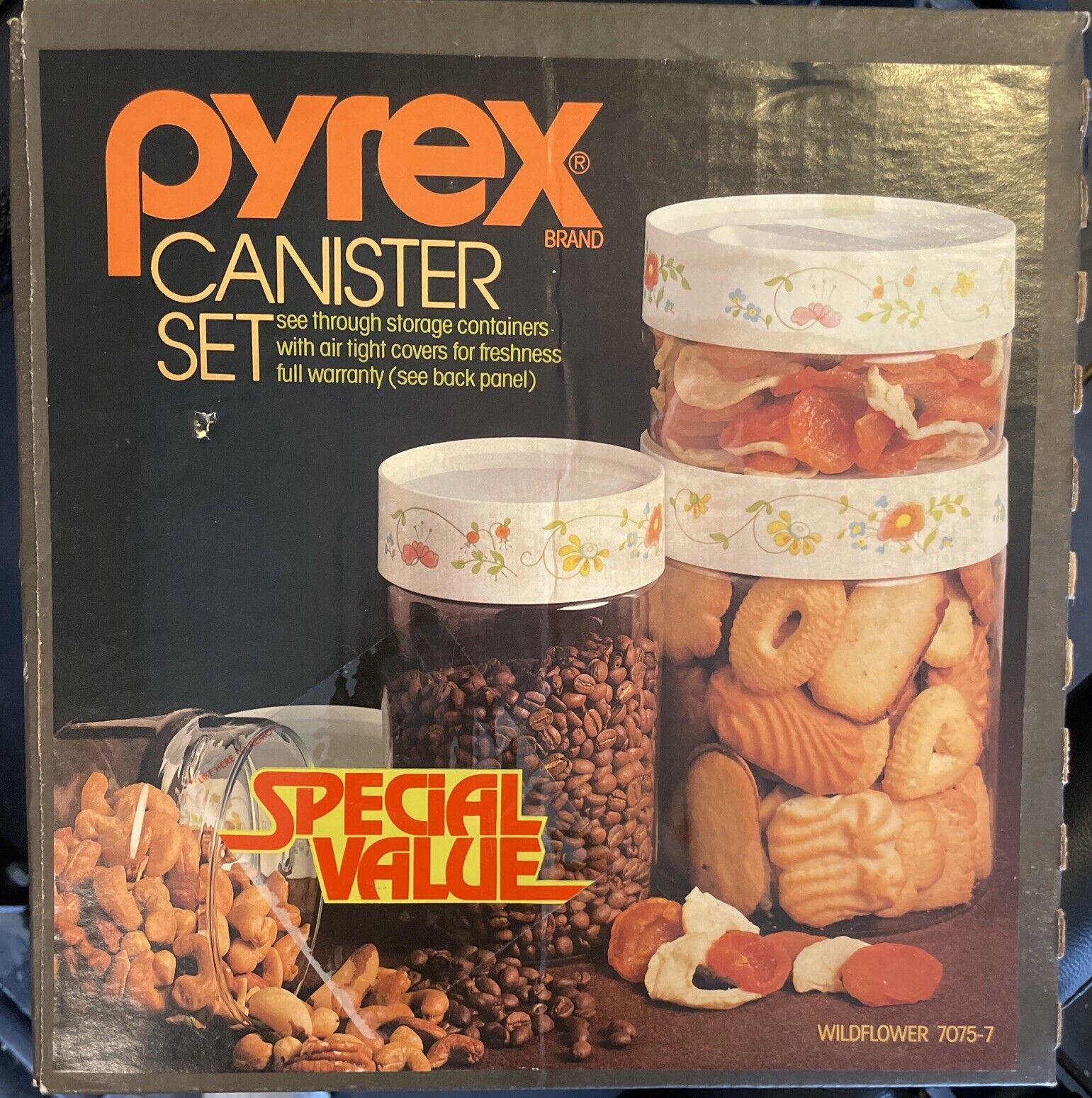 VINTAGE PYREX WILDFLOWER CANISTER SET OF 4 W/LIDS NEW IN BOX