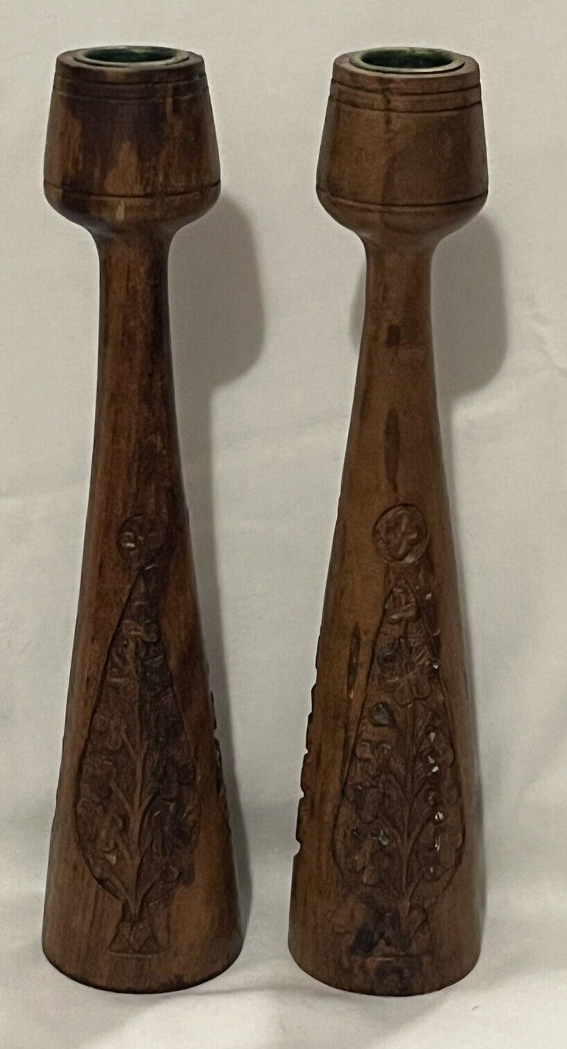 Vintage Pair Of Hand Carved Wooden Candle Holders 10”