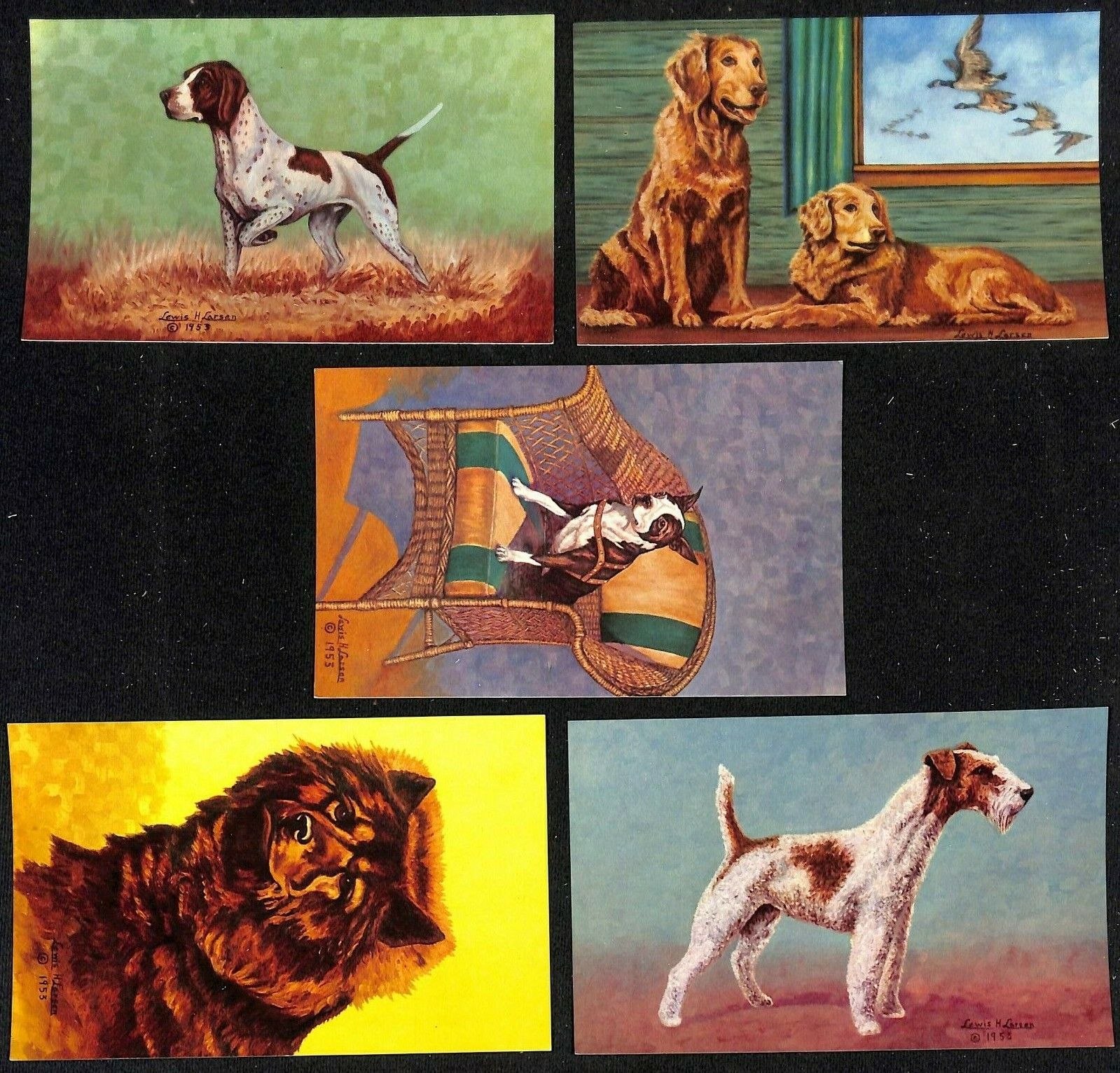 Set of 10 Lewis H. Larsen 1953 Dog Paintings Postcards - Unposted NOS VGC