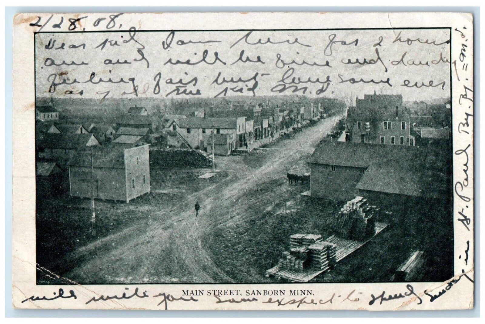 1908 View Of Main Street Dirt Road Sanborn Minnesota MN Posted Antique Postcard