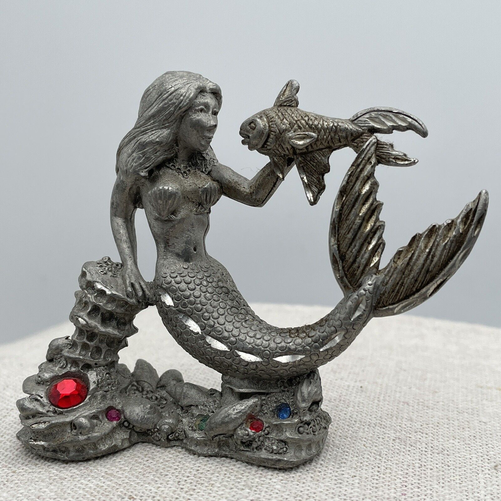 Vintage Spoontiques Fine Pewter Mermaid With Fish and Color Gemstones