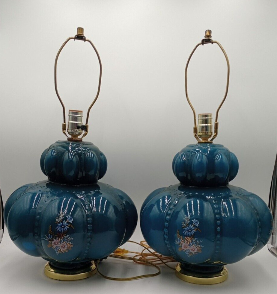 Vintage Hollywood Regency Bubble Lamp Pair Blue Floral
