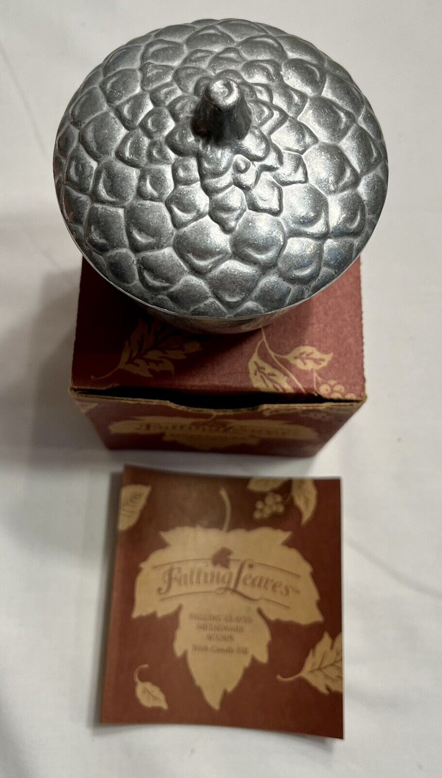 Longaberger 2002 Falling Leaves Metalware Acorn With Candle #77508 - Made In USA