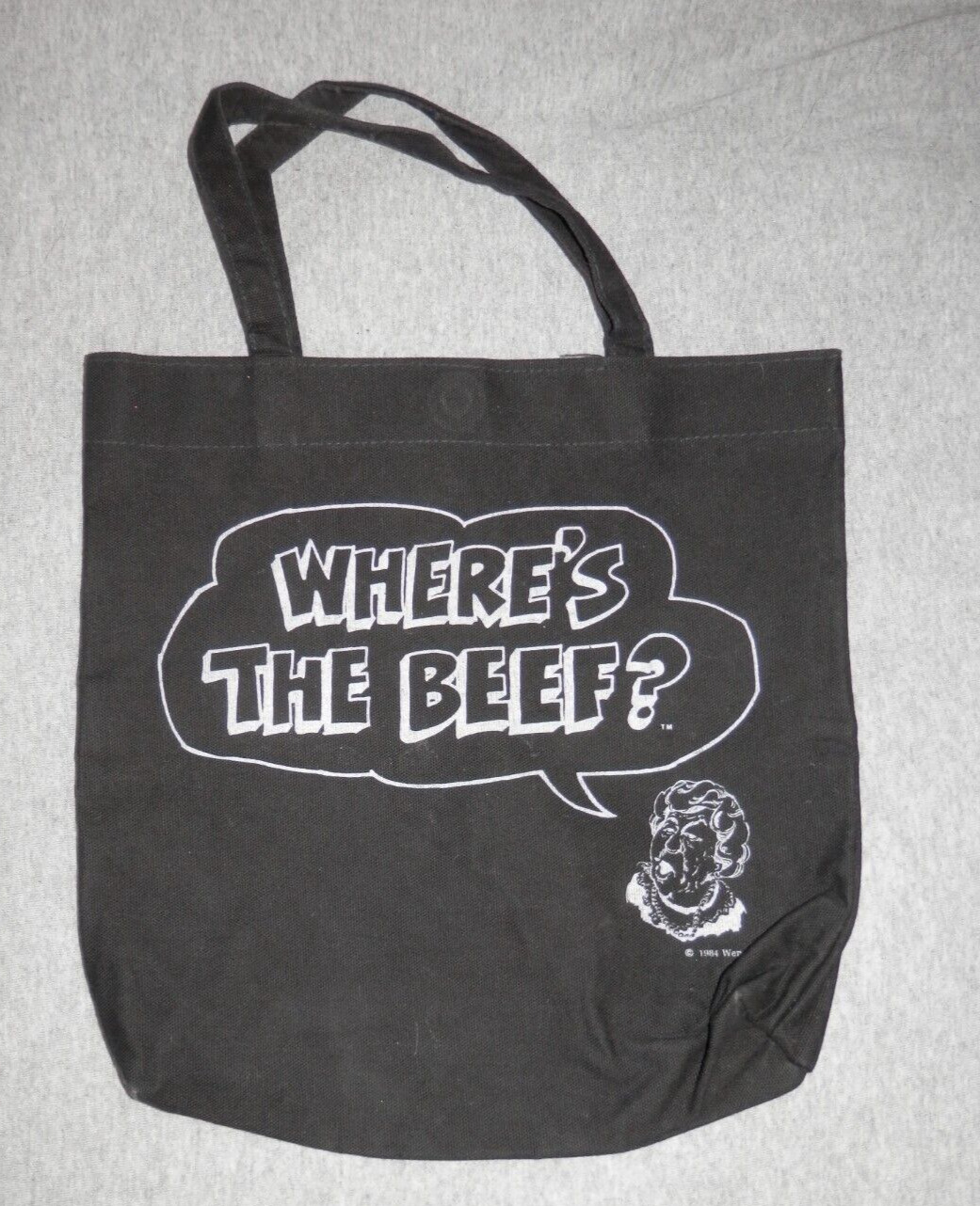 Vintage 1984 Wendys Where’s The Beef? Tote Bag - Black Canvas Plastic Lined 11\