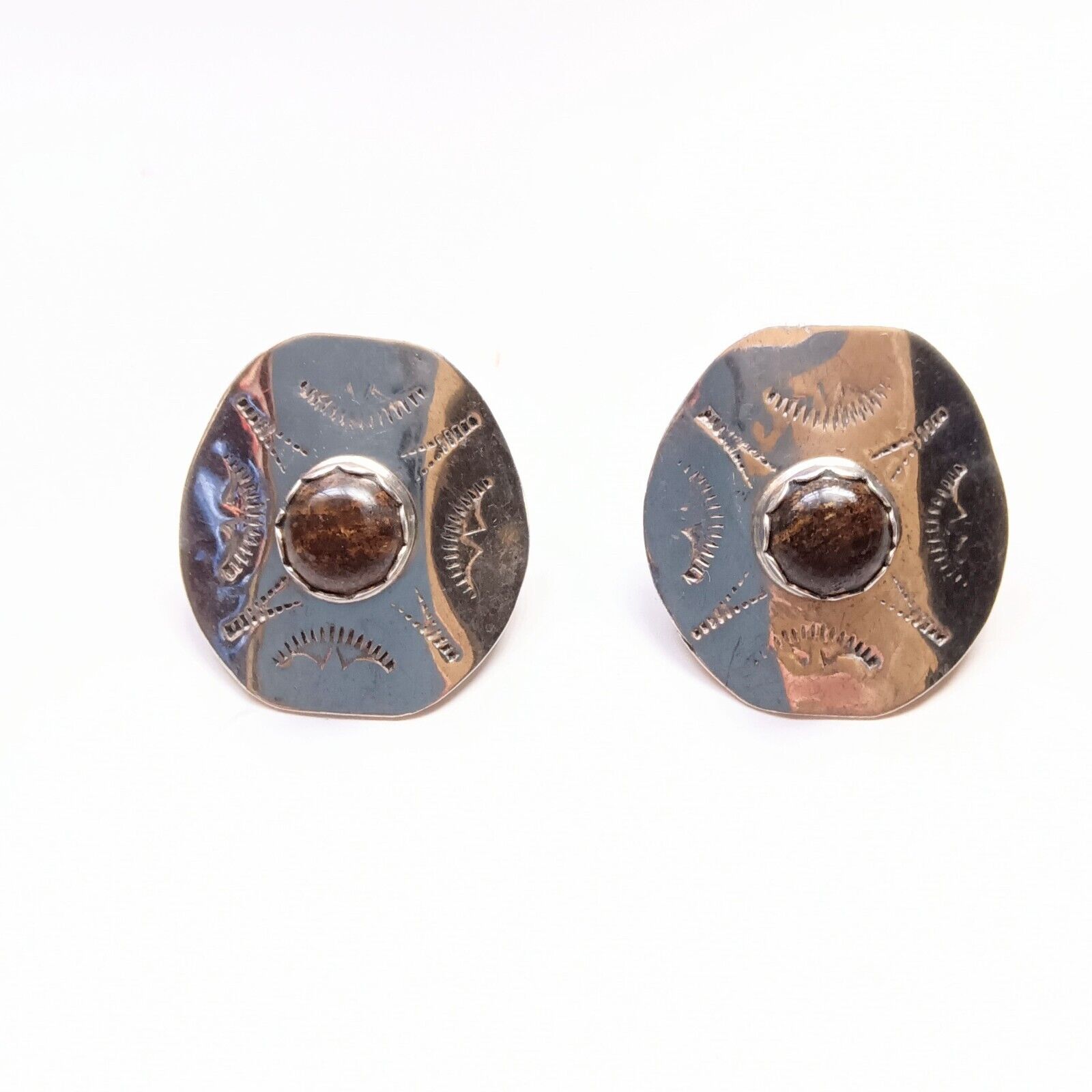 Vtg Navajo Artisan 925 Sterling & Red Jasper Circle Hand Stamped Earrings