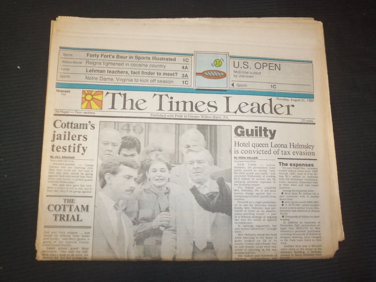 1989 AUGUST 31 WILKES-BARRE TIMES LEADER - LEONA HELMSLEY TAX EVASION - NP 7520