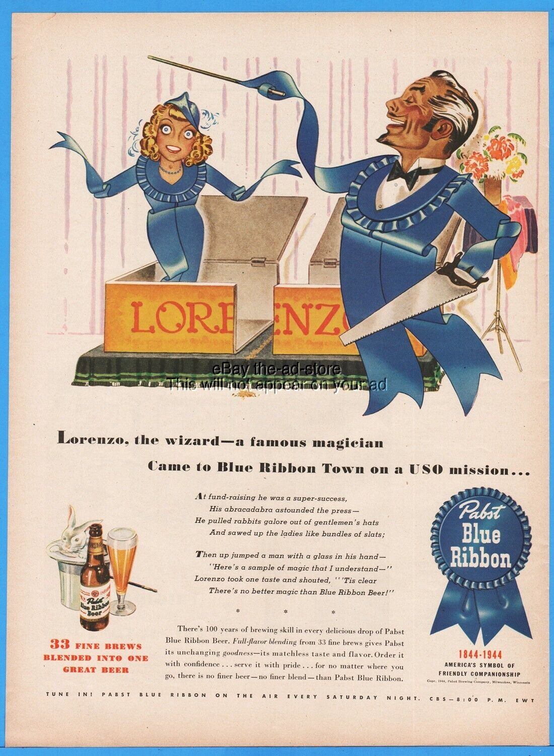 1944 PBR Pabst Blue Ribbon Beer Lorenzo The Wizard Magician WWII USO Mission Ad
