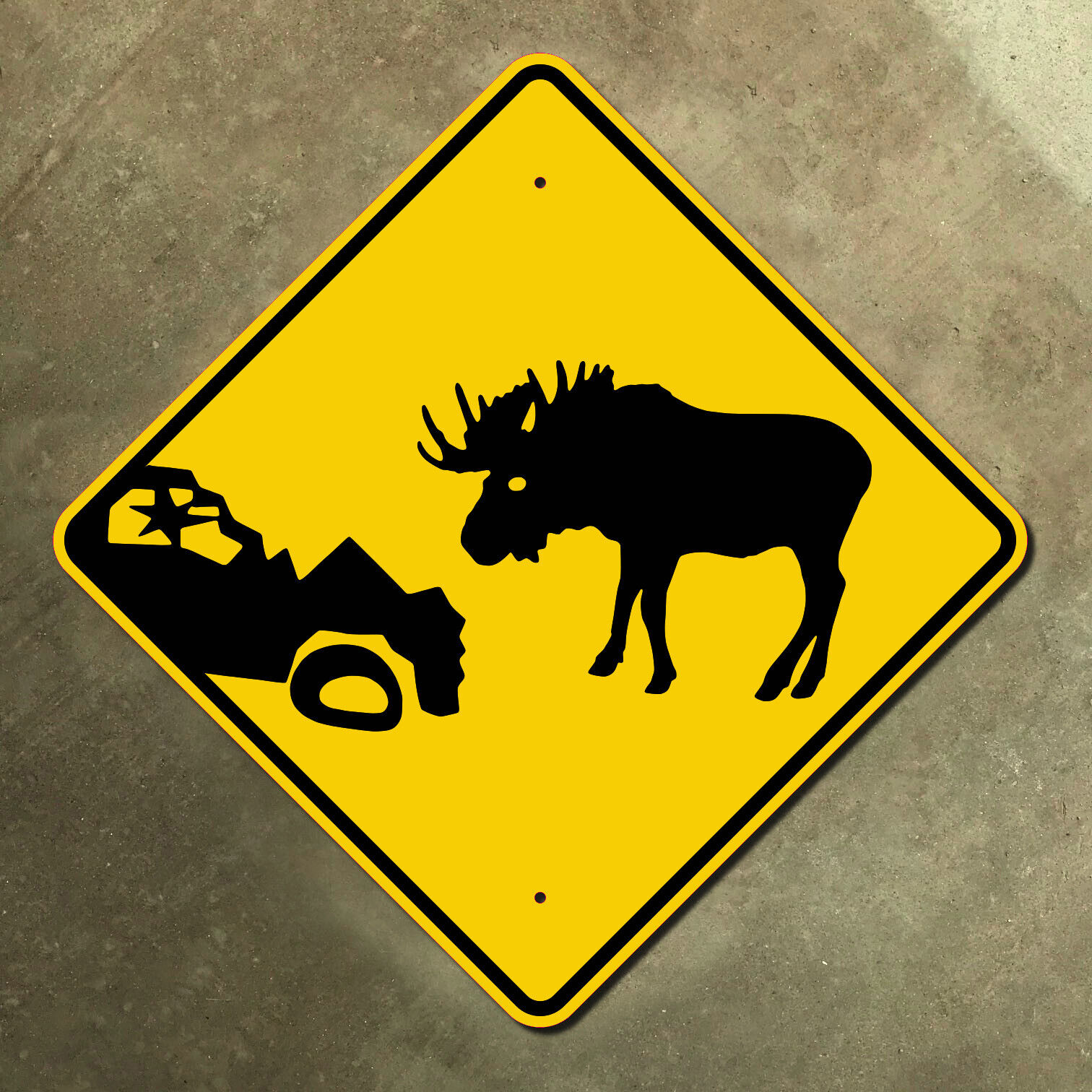 Newfoundland Canada moose warning wrecked car highway marker road sign 16x16