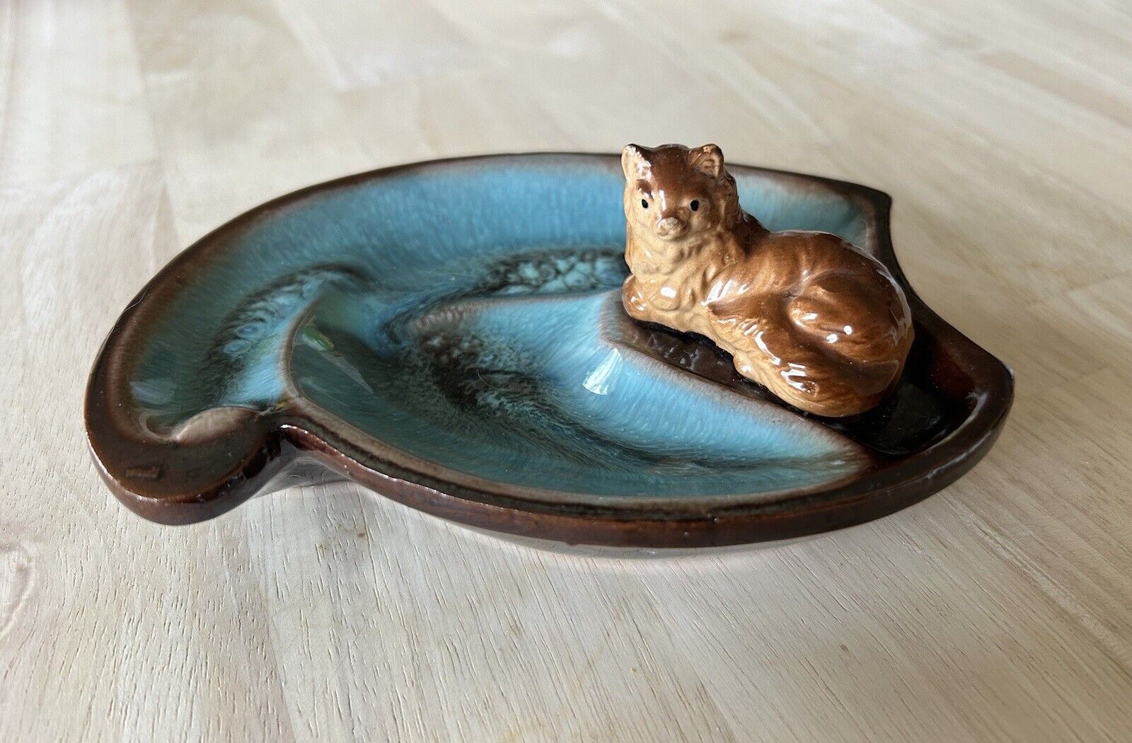 Vintage Brinn's Ceramic Brown Teal Trinket Dish Ashtray, Cat, Drip Glaze