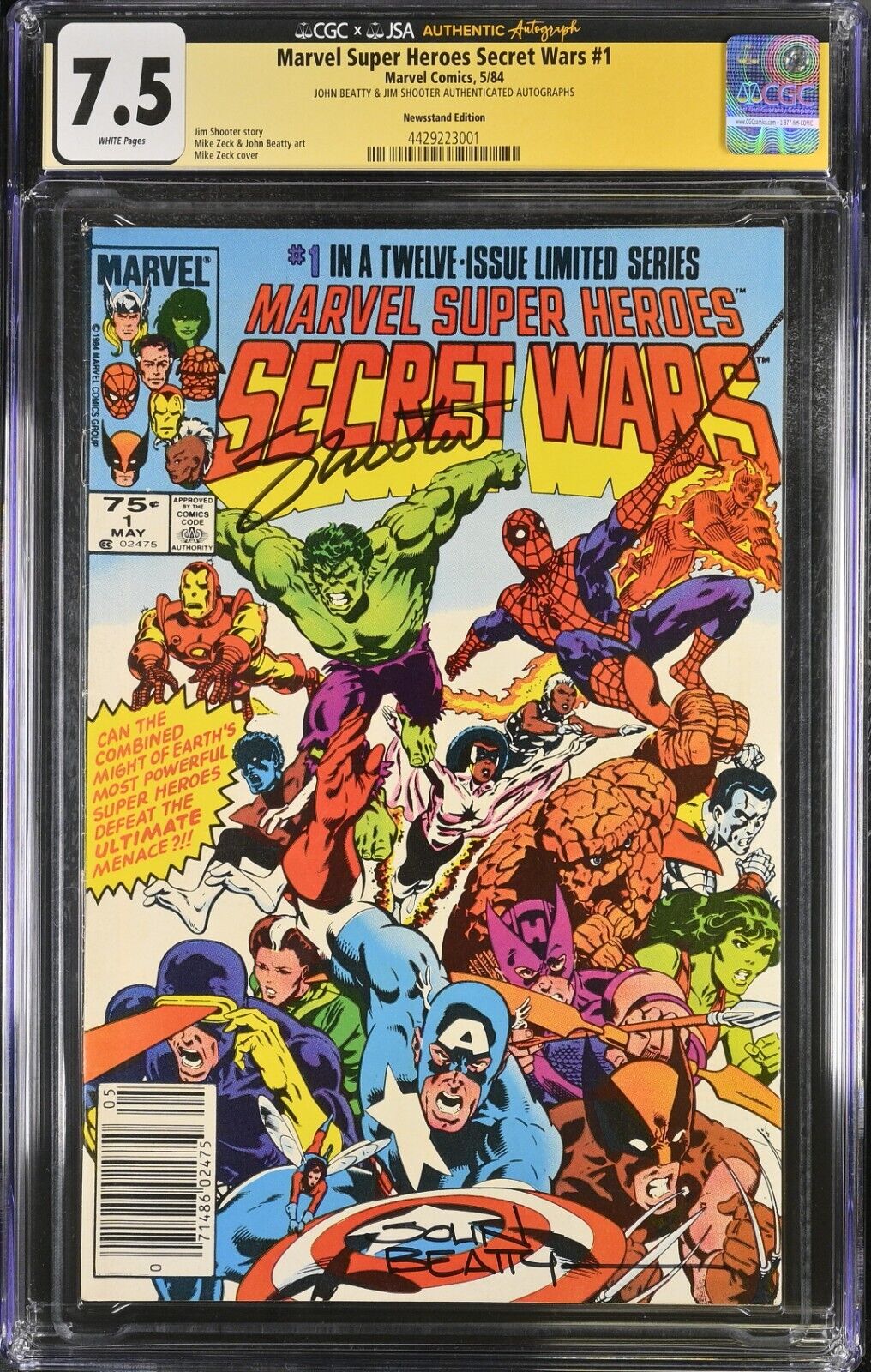Marvel Super Heroes Secret Wars #1 CGC 7.5 Signed Jim Shooter & Beatty Newsstand