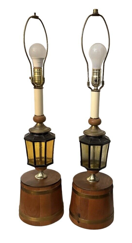 RARE Pair of Vintage 1960s Wood & Amber Color Glass Lamps- Carriage House