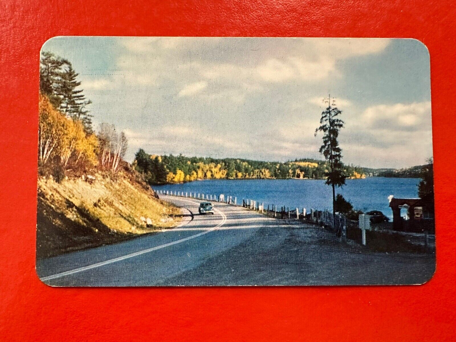 Vintage  UNPOSTED Postcard~ONTARIO CANADA~ CLASSIC CAR TCH? HIGHWAY NEAR KENORA