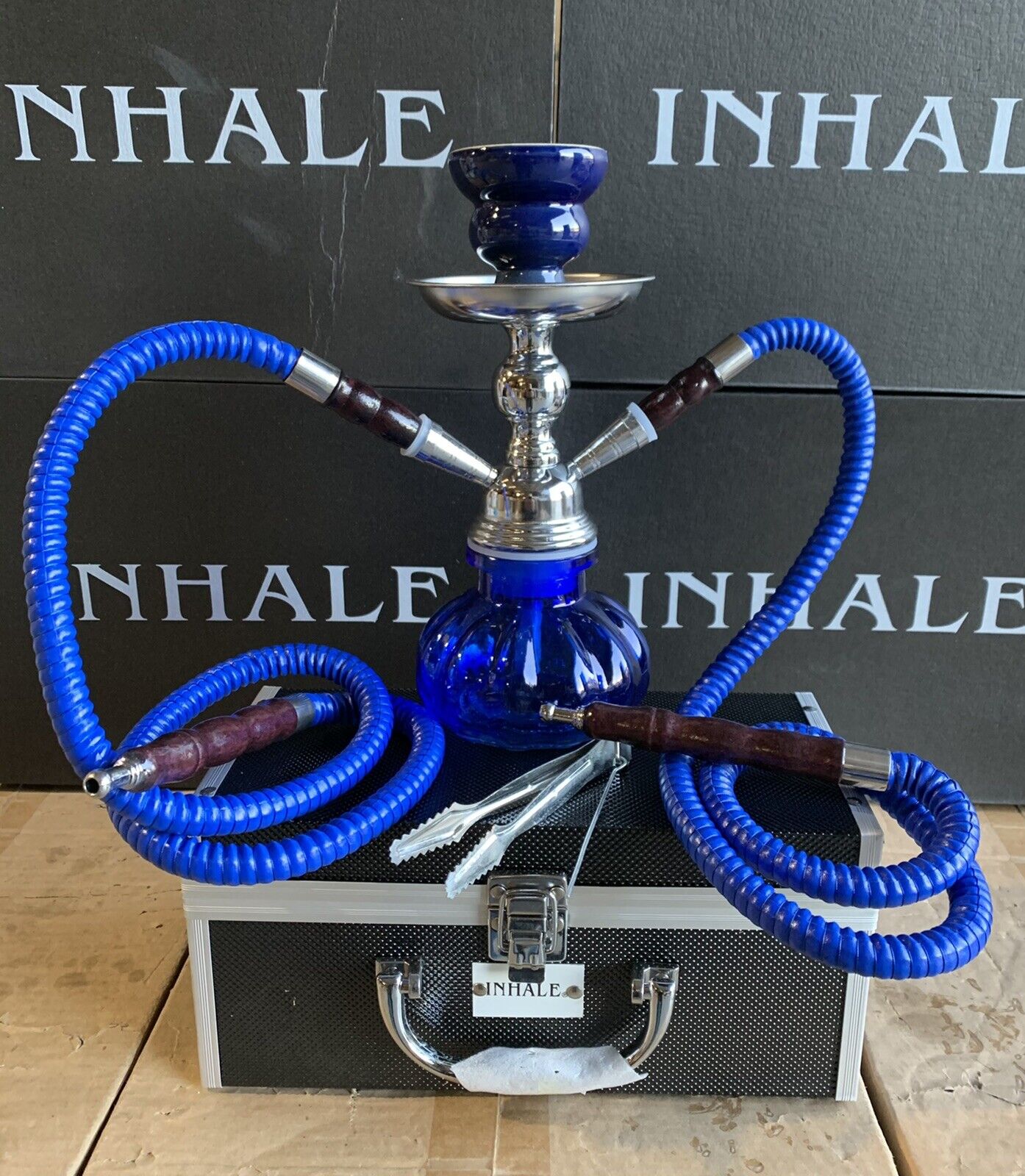 INHALE®️10 INCH 2 HOSE AVALANCHE  SMALL PUMPKIN HOOKAH IN A HARD SUITCASE(BLUE)