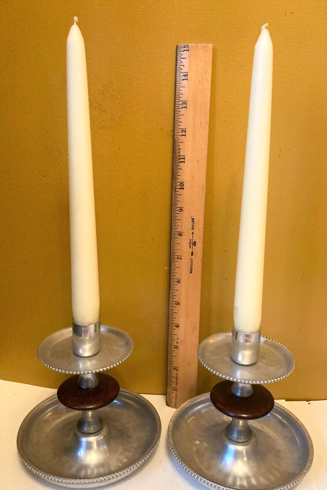 Vintage Candlesticks Holders Pair of B W Buenilum Aluminum & wood  6