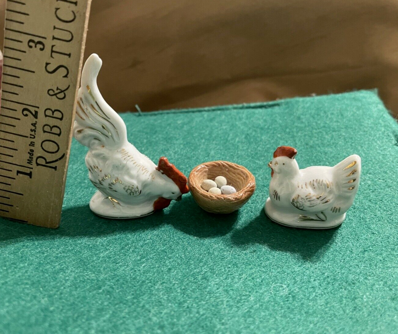 Vintage Miniature Lot Barn Yard Hen Rooster & Nest of Eggs Japan Figurines gold